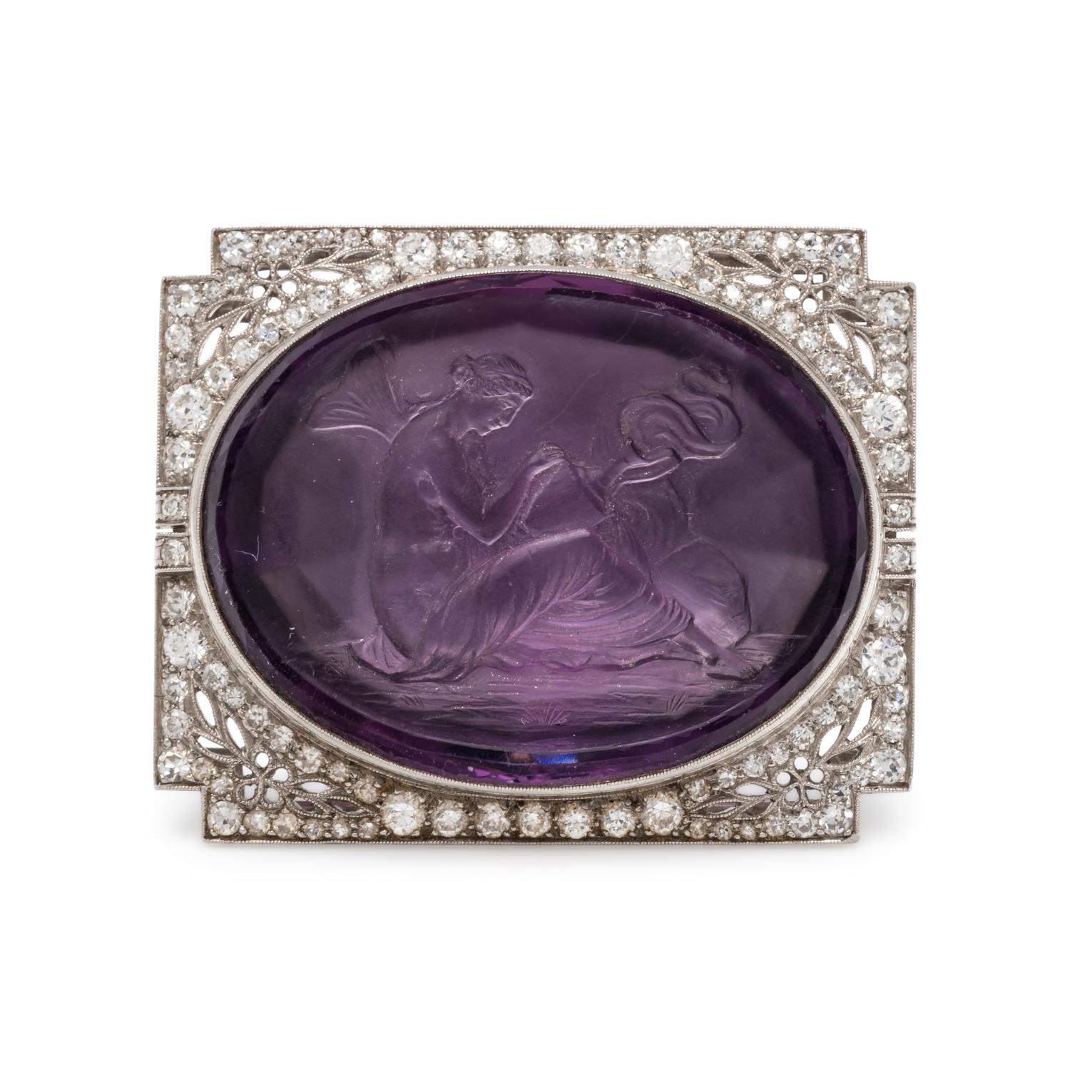 ANTIQUE, DIAMOND AND AMETHYST INTAGLIO BROOCH