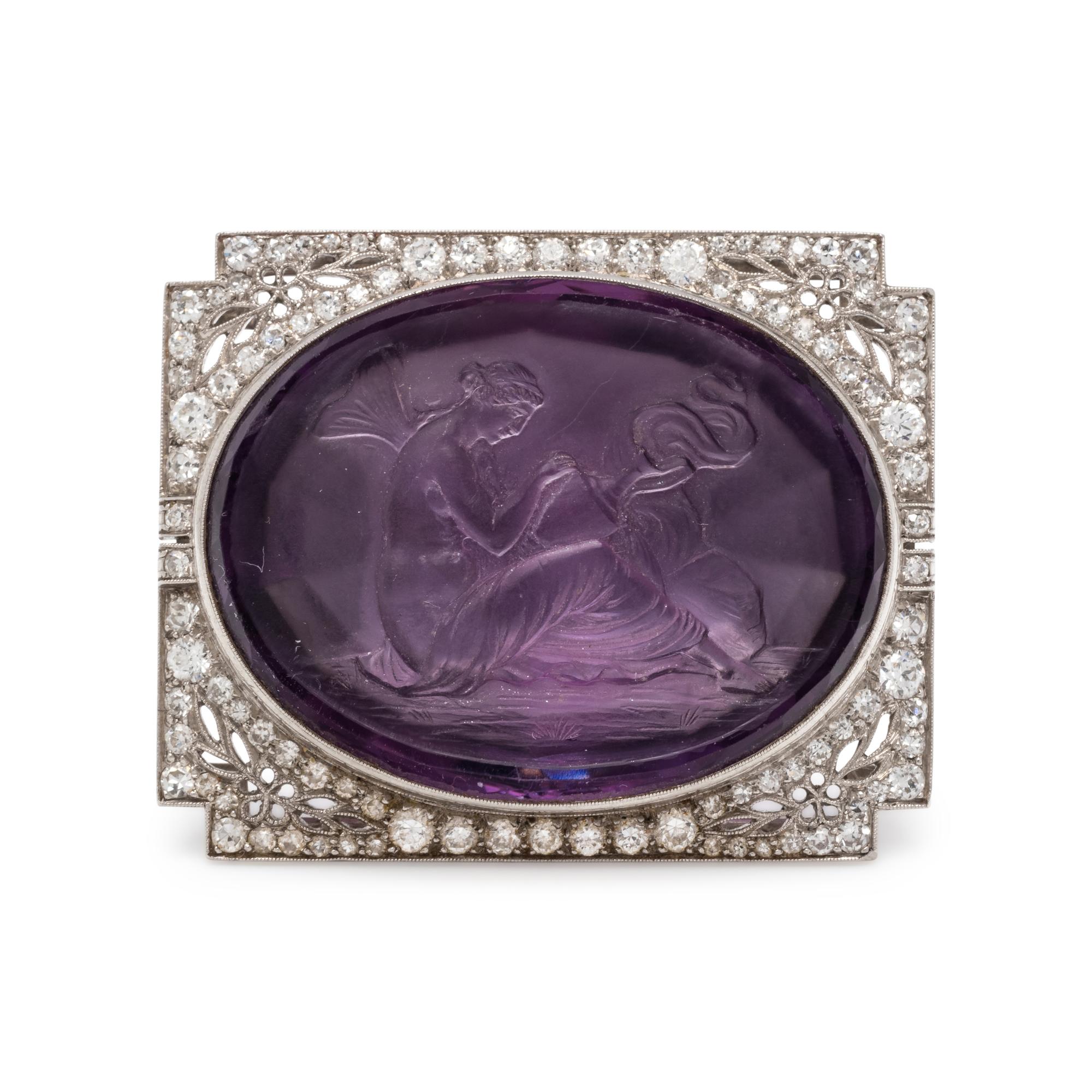 ANTIQUE, DIAMOND AND AMETHYST INTAGLIO BROOCH