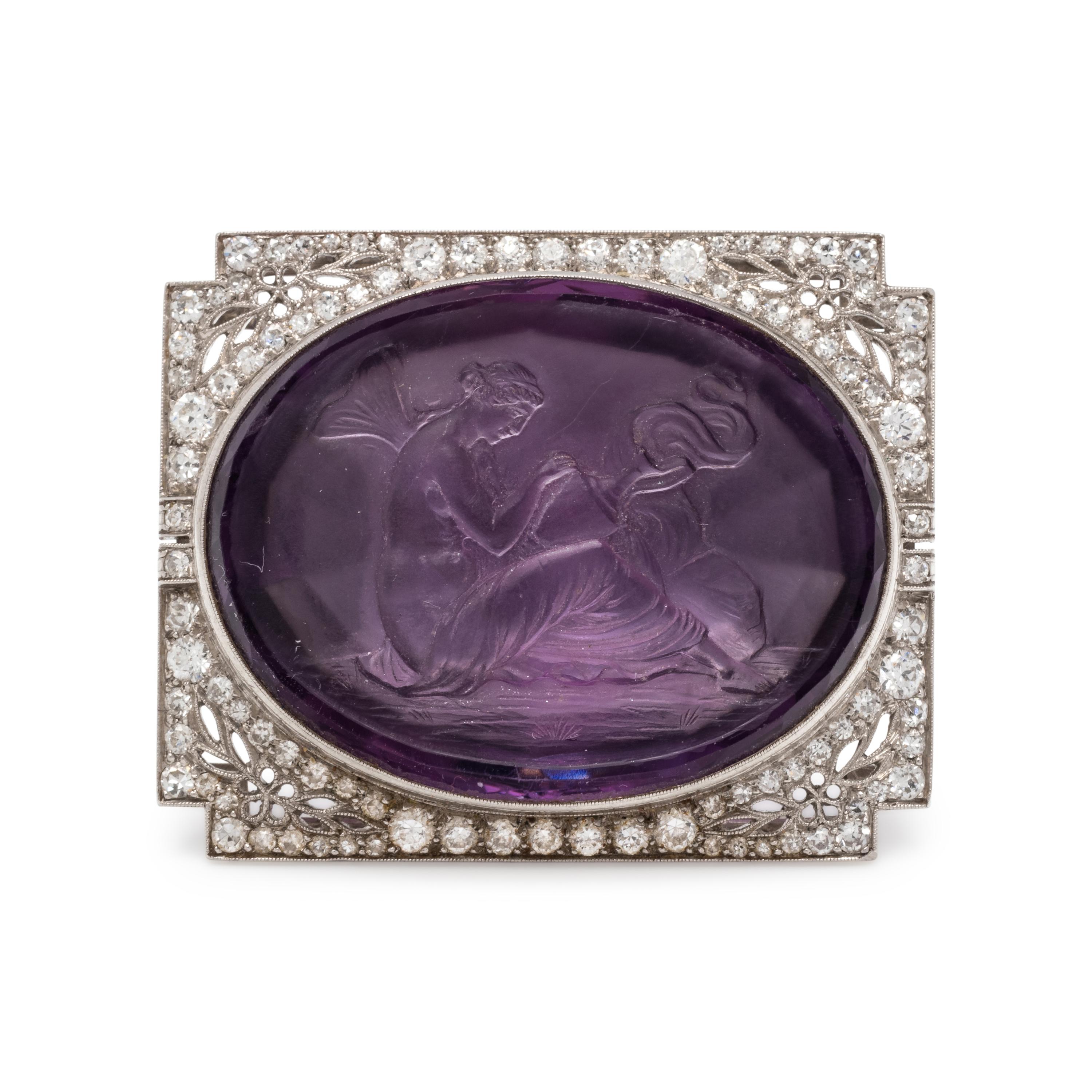 ANTIQUE, DIAMOND AND AMETHYST INTAGLIO BROOCH