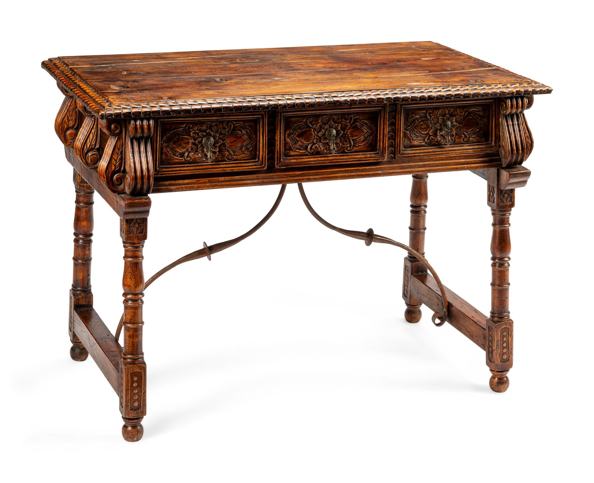 A Spanish Baroque Style Iron Mounted Trestle Table
