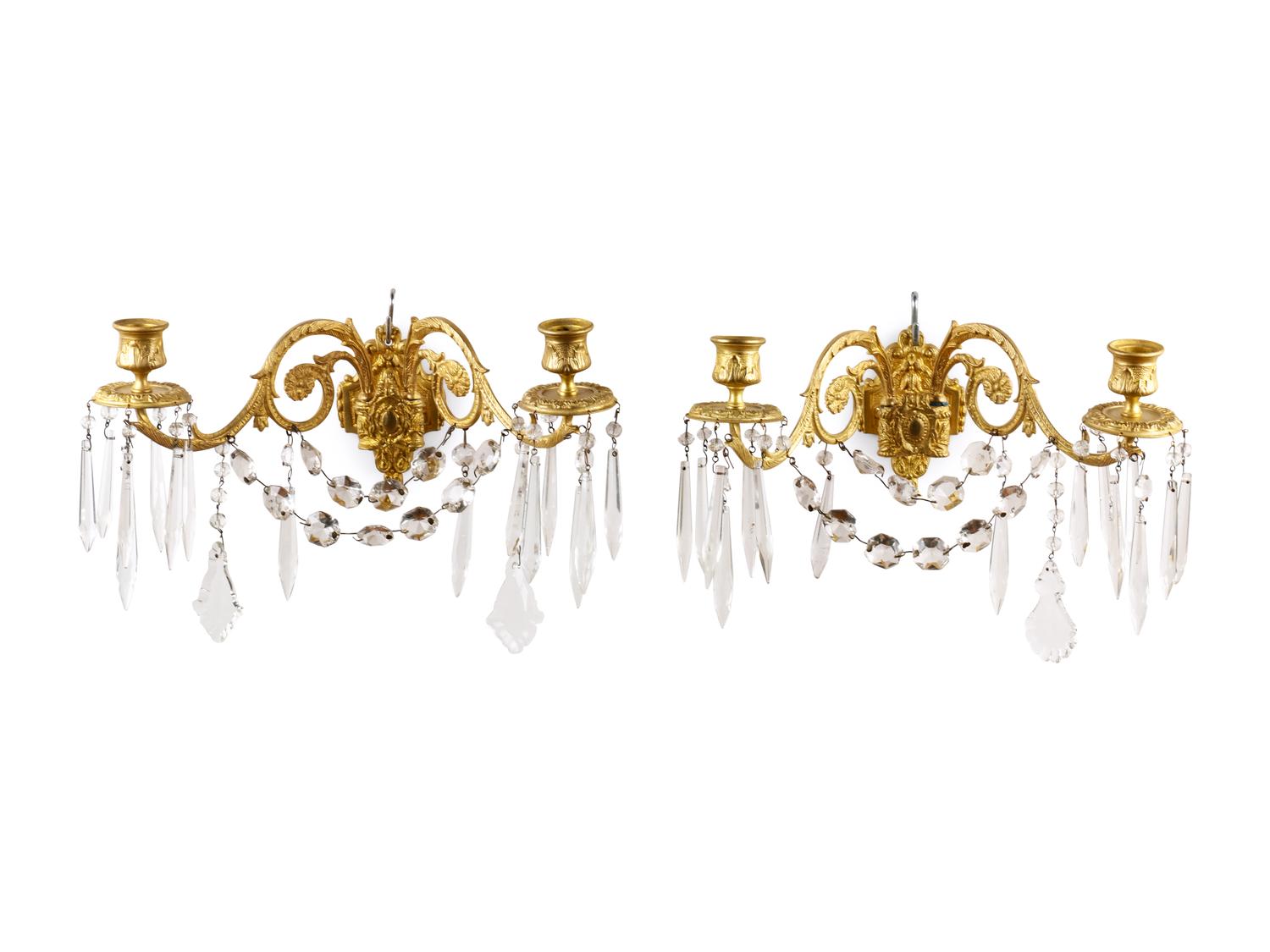 A Pair of Continental Gilt Bronze and Cut Glass Two-Light Sconces