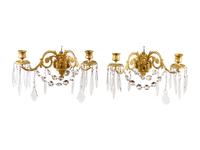 A Pair of Continental Gilt Bronze and Cut Glass Two-Light Sconces