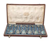 A Set of Twelve Russian Silver-Gilt and Enamel Teaspoons