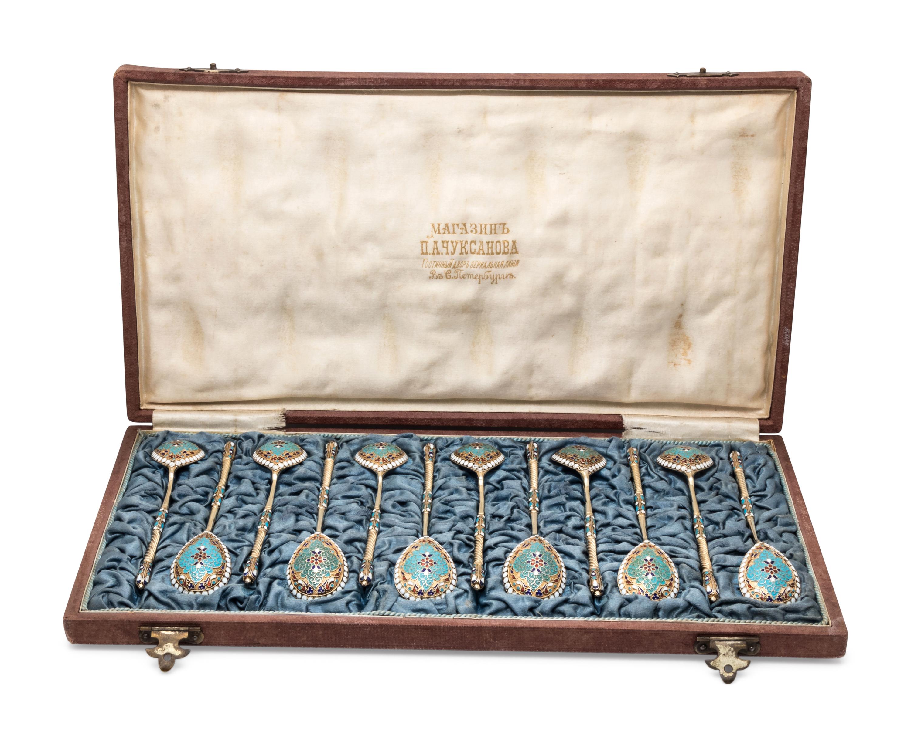 A Set of Twelve Russian Silver-Gilt and Enamel Teaspoons