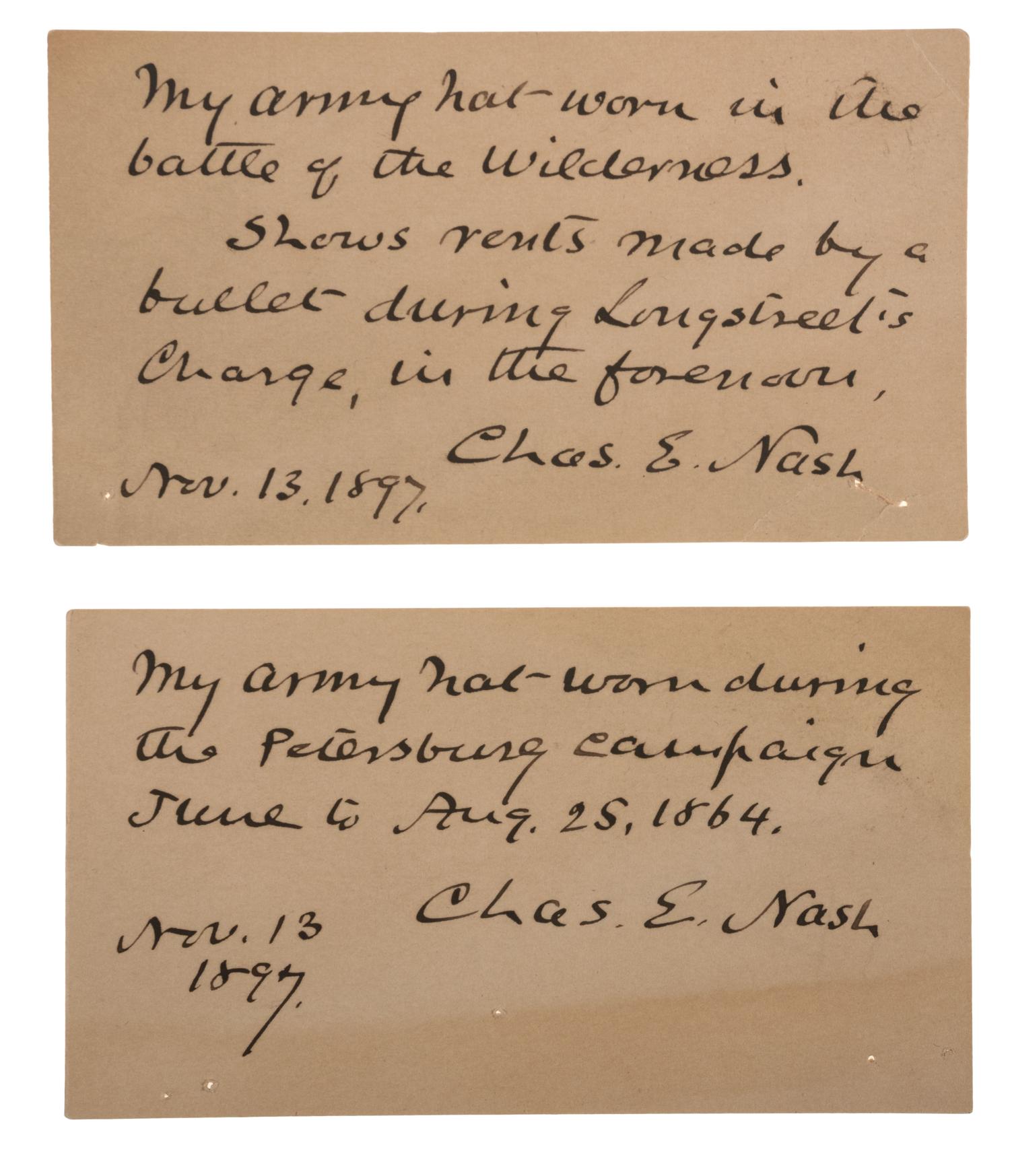 Two Army slouch hats identified to Captain Charles E. Nash, Company F, 19th Maine Infantry.