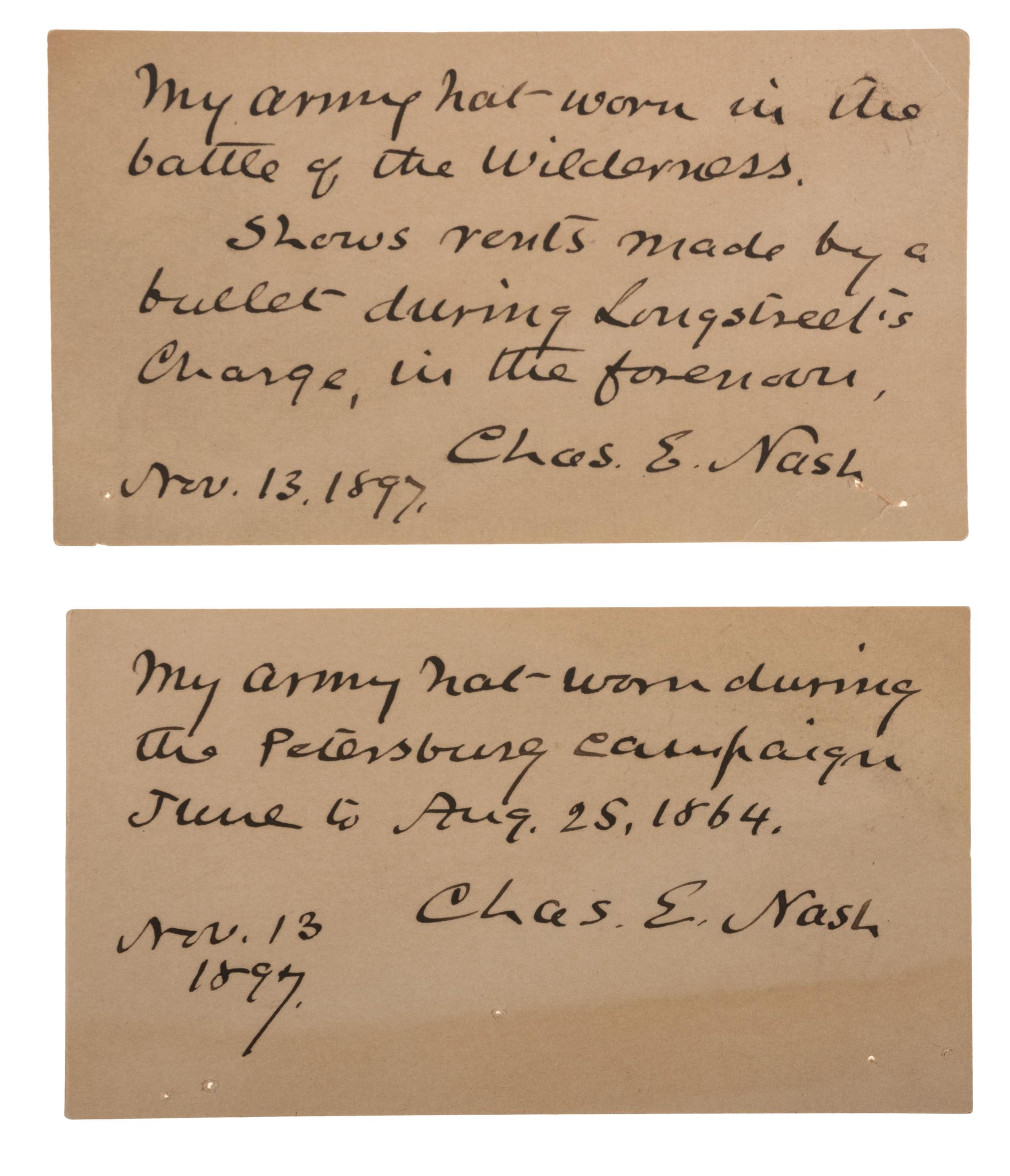 Two Army slouch hats identified to Captain Charles E. Nash, Company F, 19th Maine Infantry.