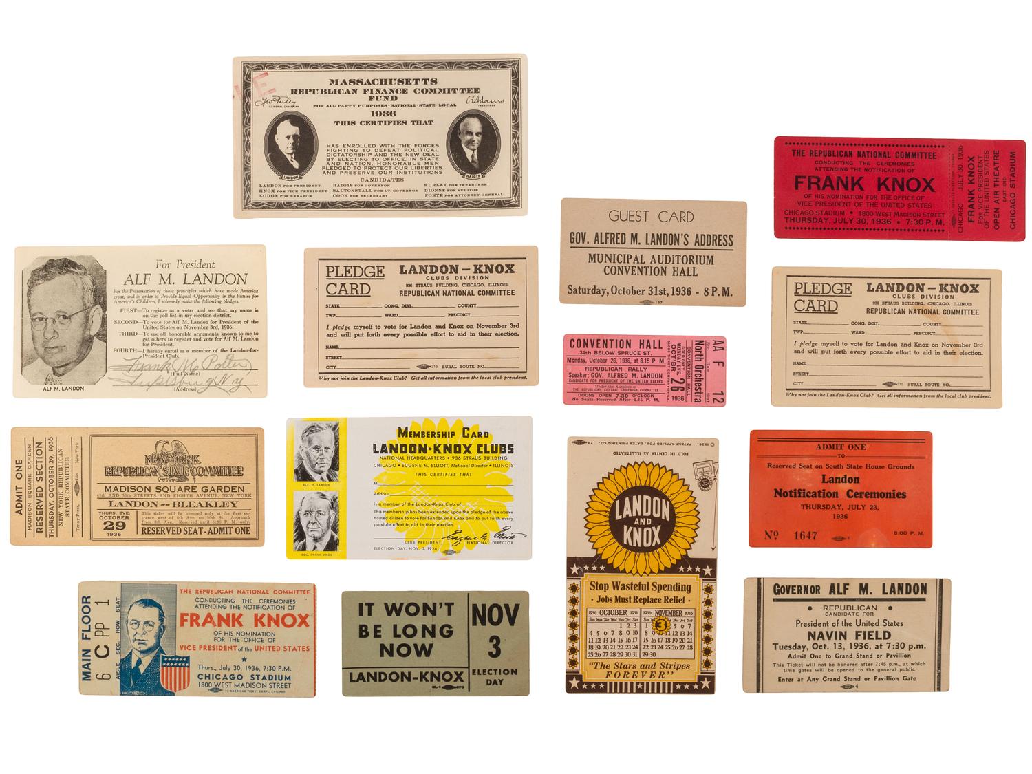 [POLITICS - 1936 ELECTION]. [LANDON, Alfred "Alf" (1887-1987)]. A large group of campaign ephemera from the 1936 Landon/Knox presidential run.