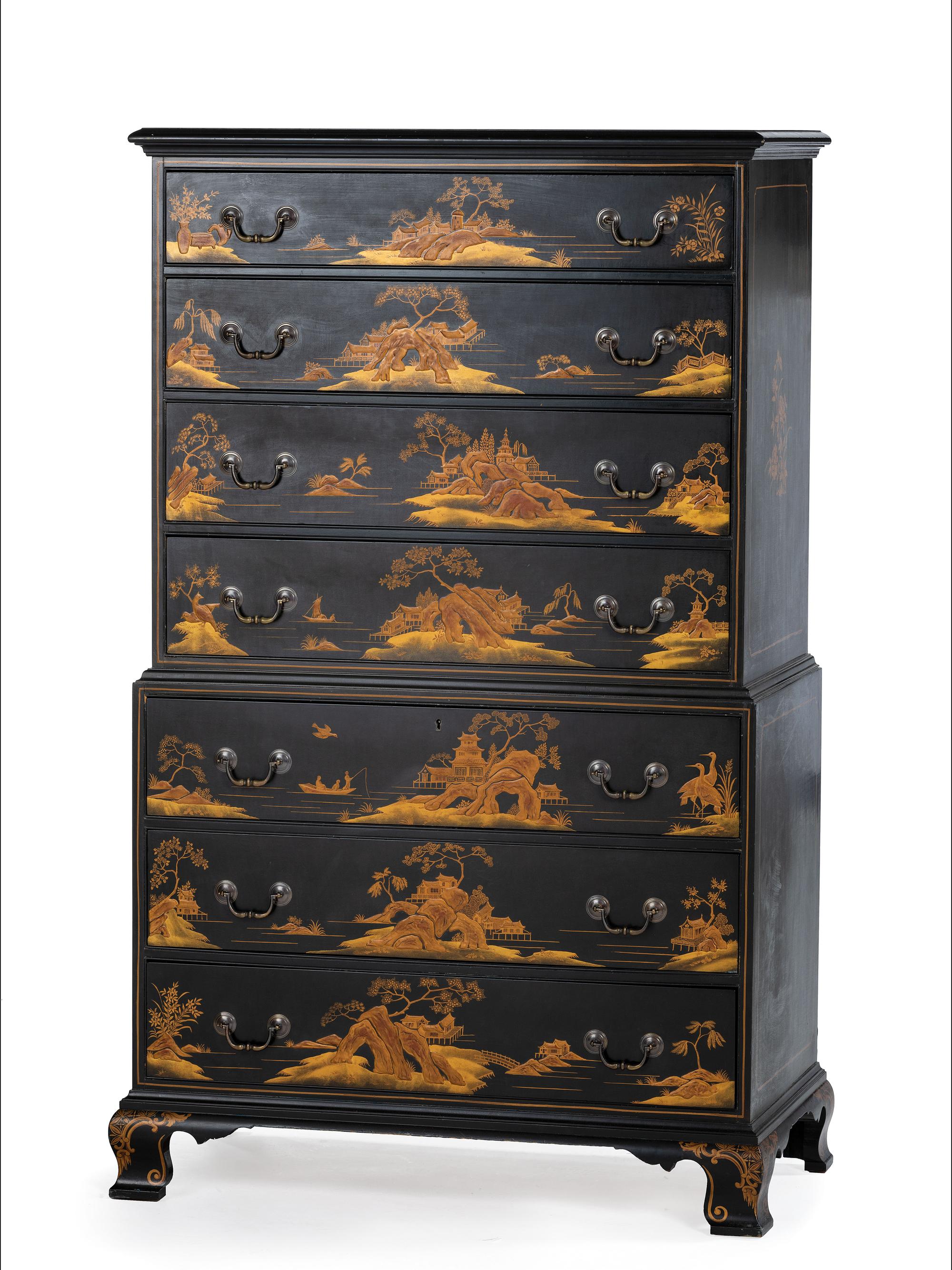 A George III Style Green-Japanned Chest-on-Chest