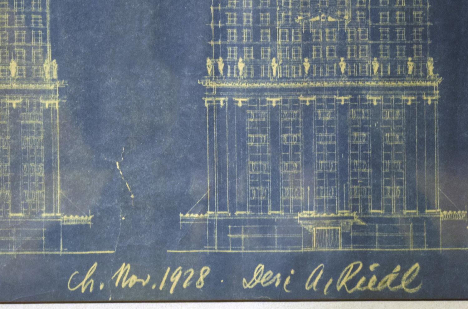 A Blue Print Drawing Signed "Ch. Nov. 1928. Geri A Riedl" 34-1/2 x 24 x 1-1/2 inches (framed) — United States, Circa 1928
