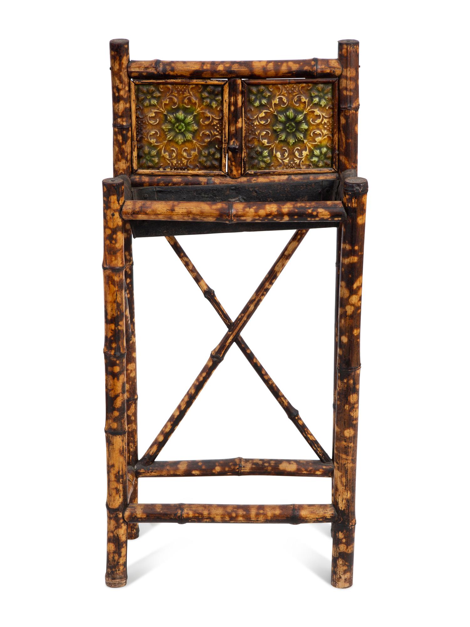 A Victorian Style Burnt Bamboo Octagonal Table, Umbrella Stand, and Etagere — 19TH/20TH CENTURY
