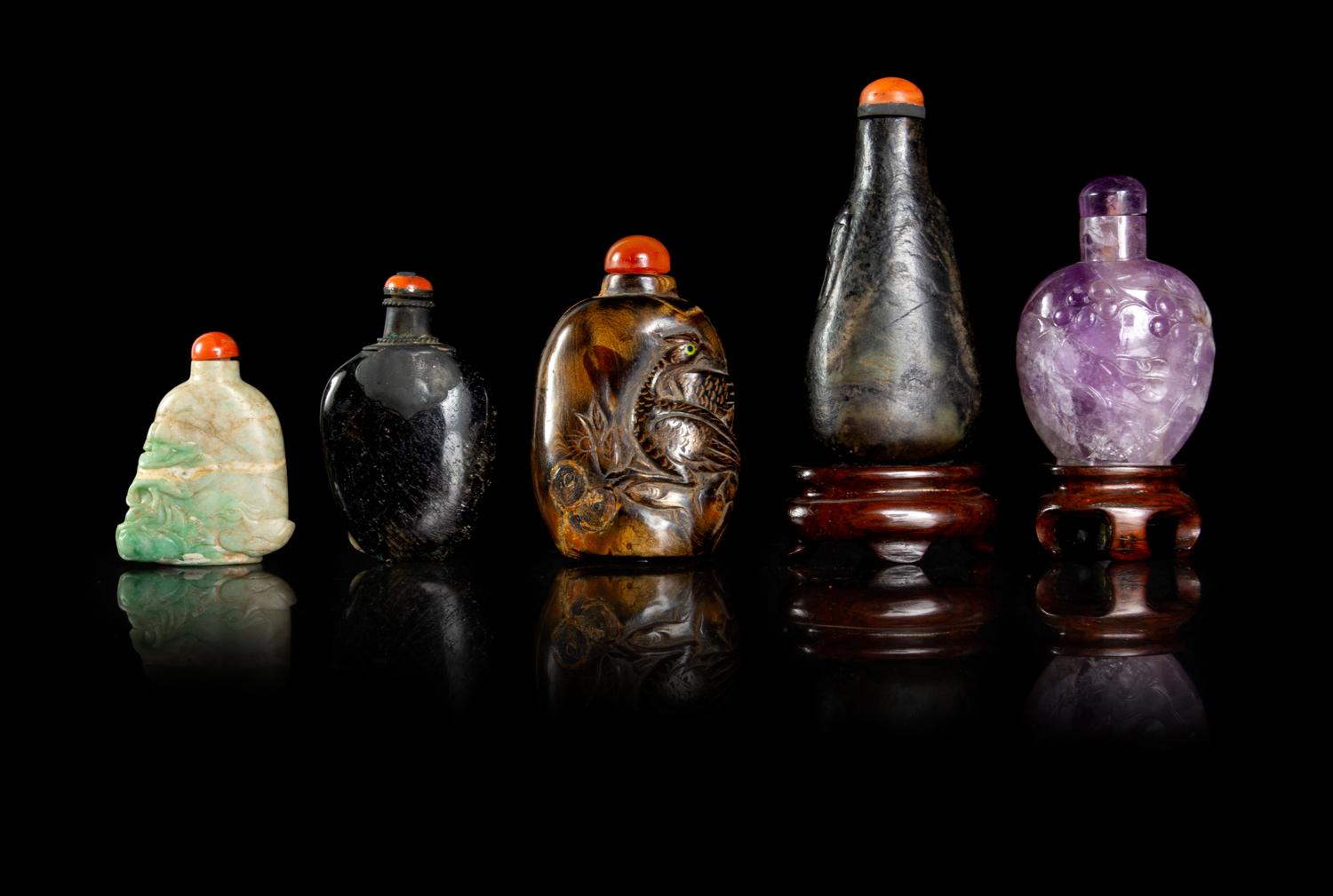Five Chinese Hardstone Snuff Bottles