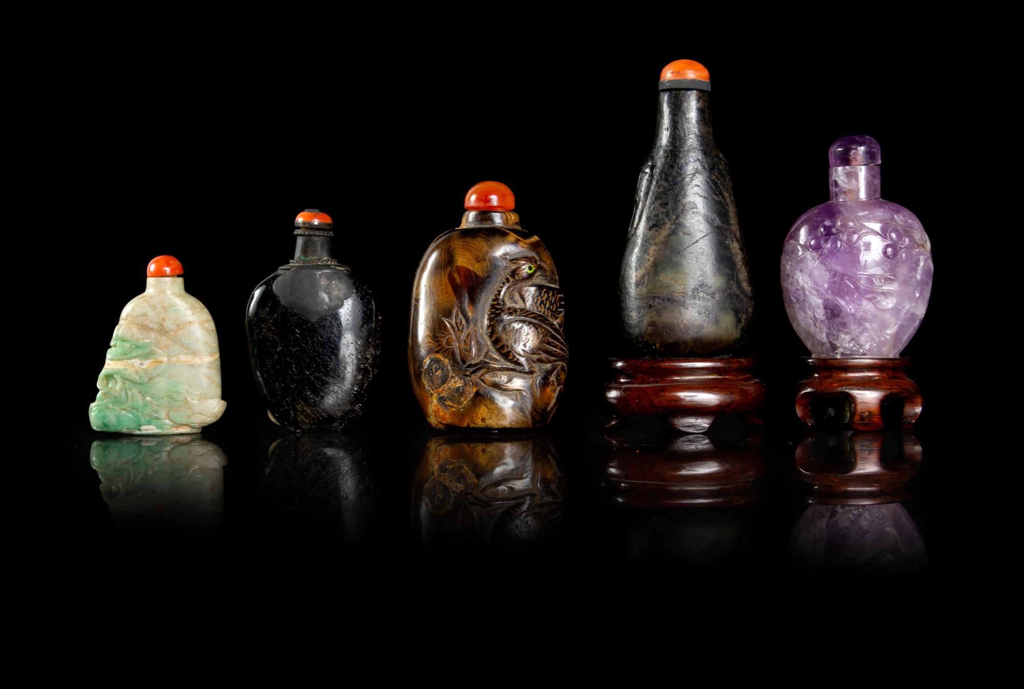 Five Chinese Hardstone Snuff Bottles