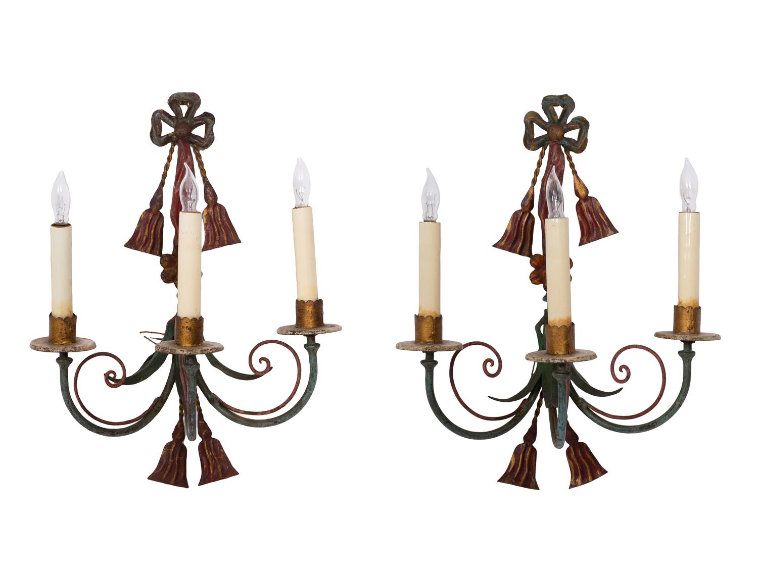 A Pair of Italian Tole Peinte Three-Light Sconces
