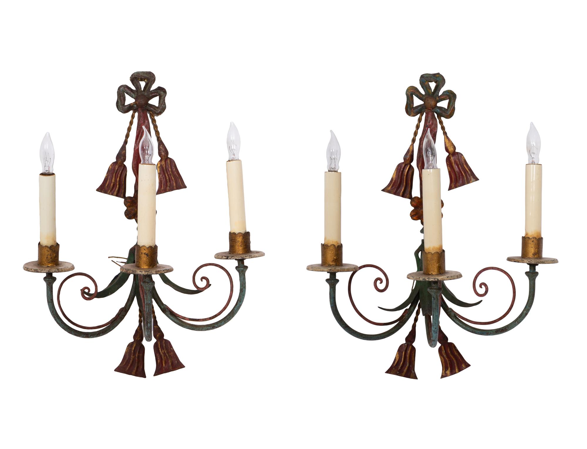 A Pair of Italian Tole Peinte Three-Light Sconces