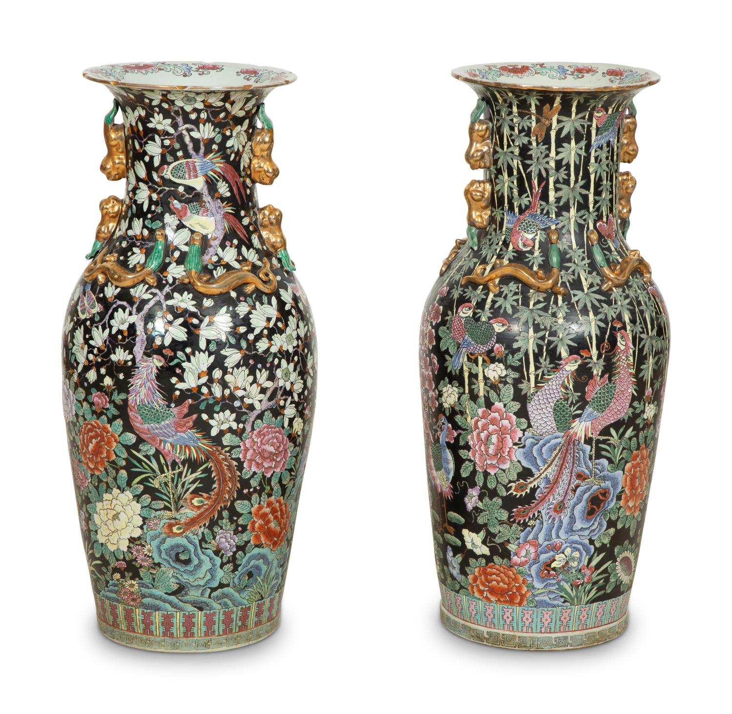A Near Pair of Chinese Export Famille Noire Porcelain Palace Vases