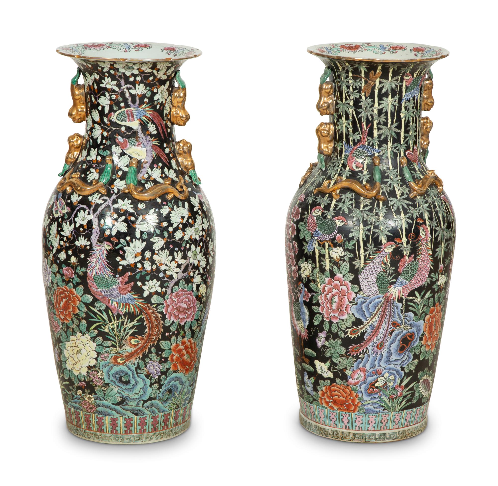 A Near Pair of Chinese Export Famille Noire Porcelain Palace Vases