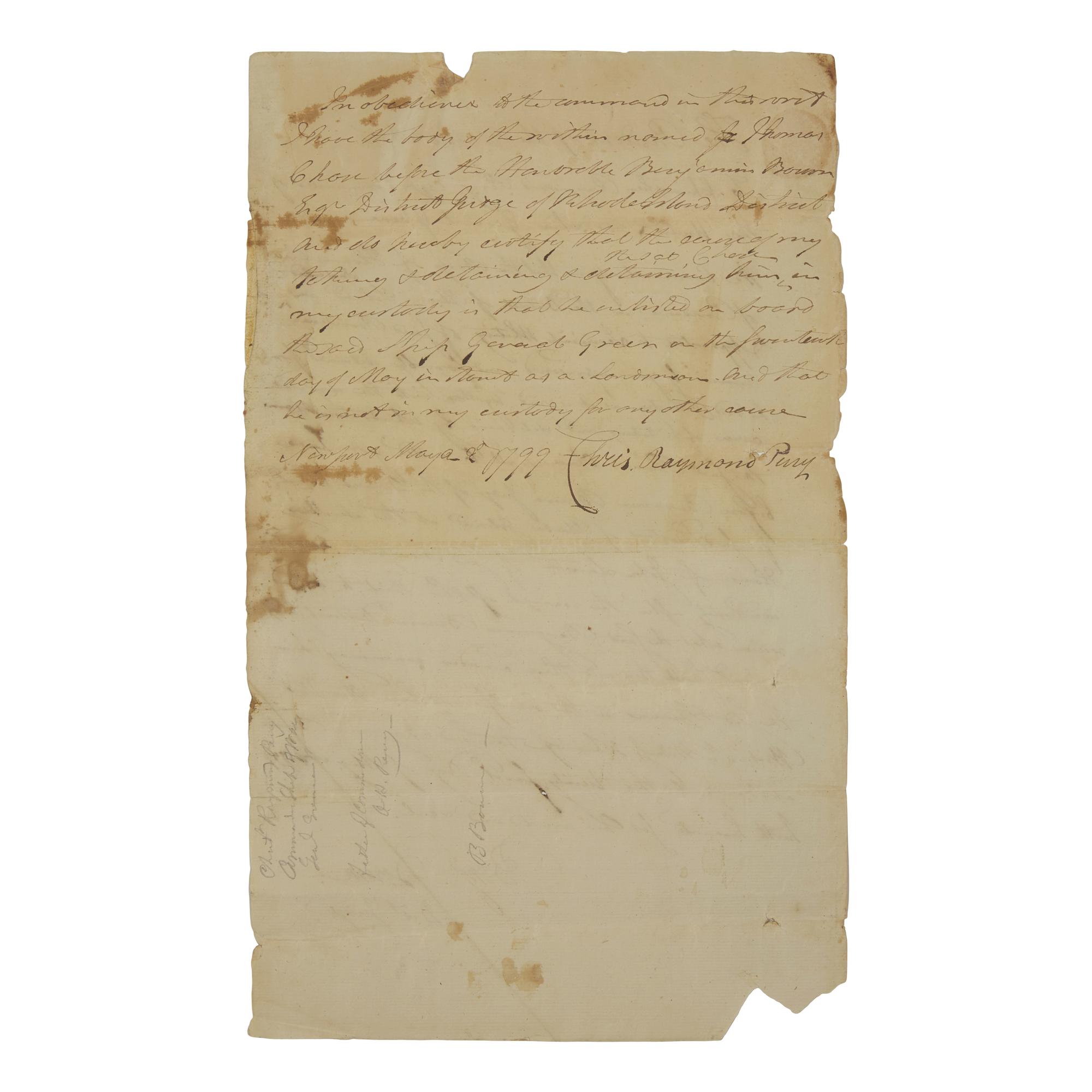 [Americana] Perry, Christopher Raymond. Autograph document, signed