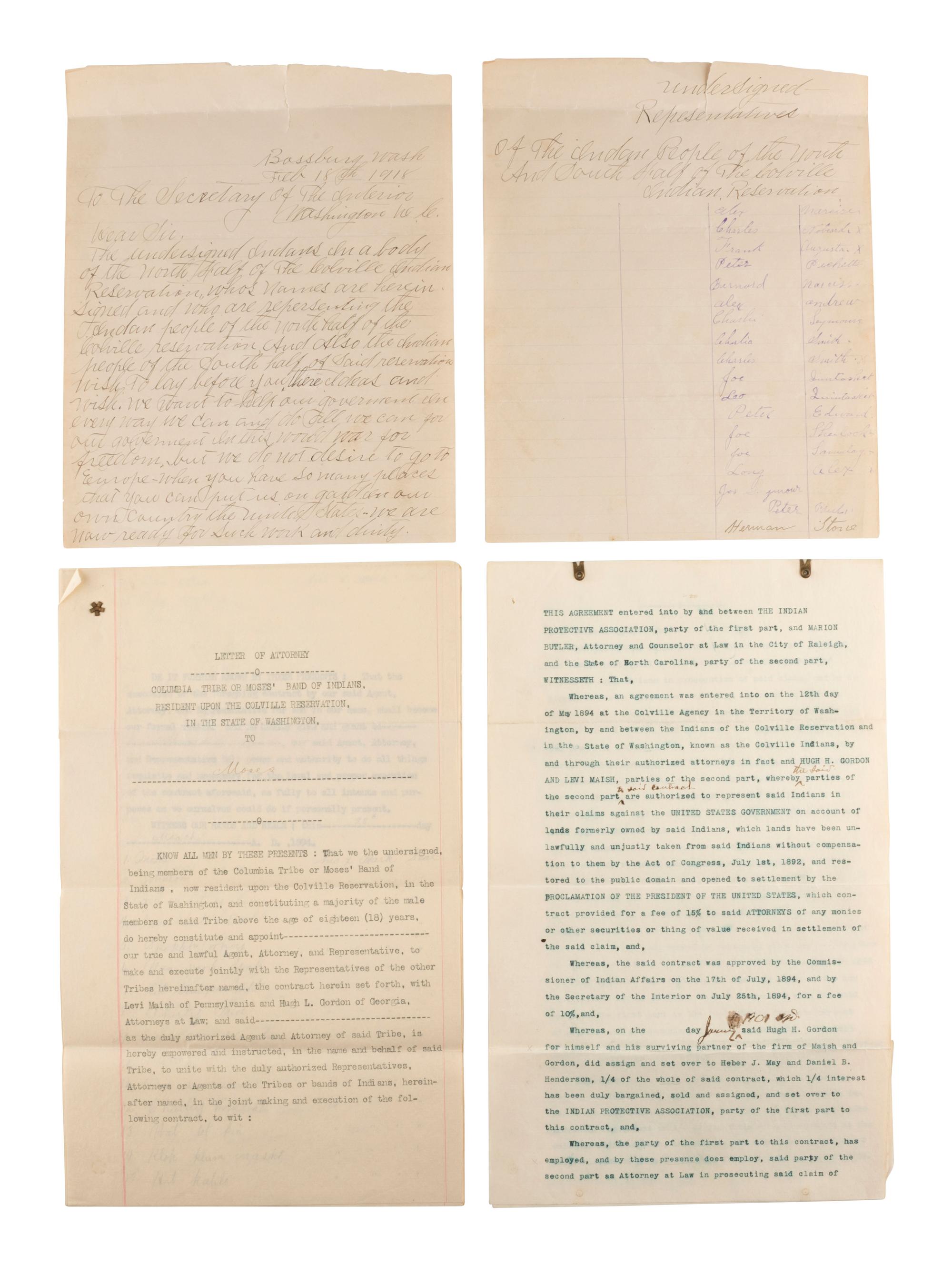 [NATIVE AMERICANS]. Documents related to the Colville Reservation and the Nez Perce.