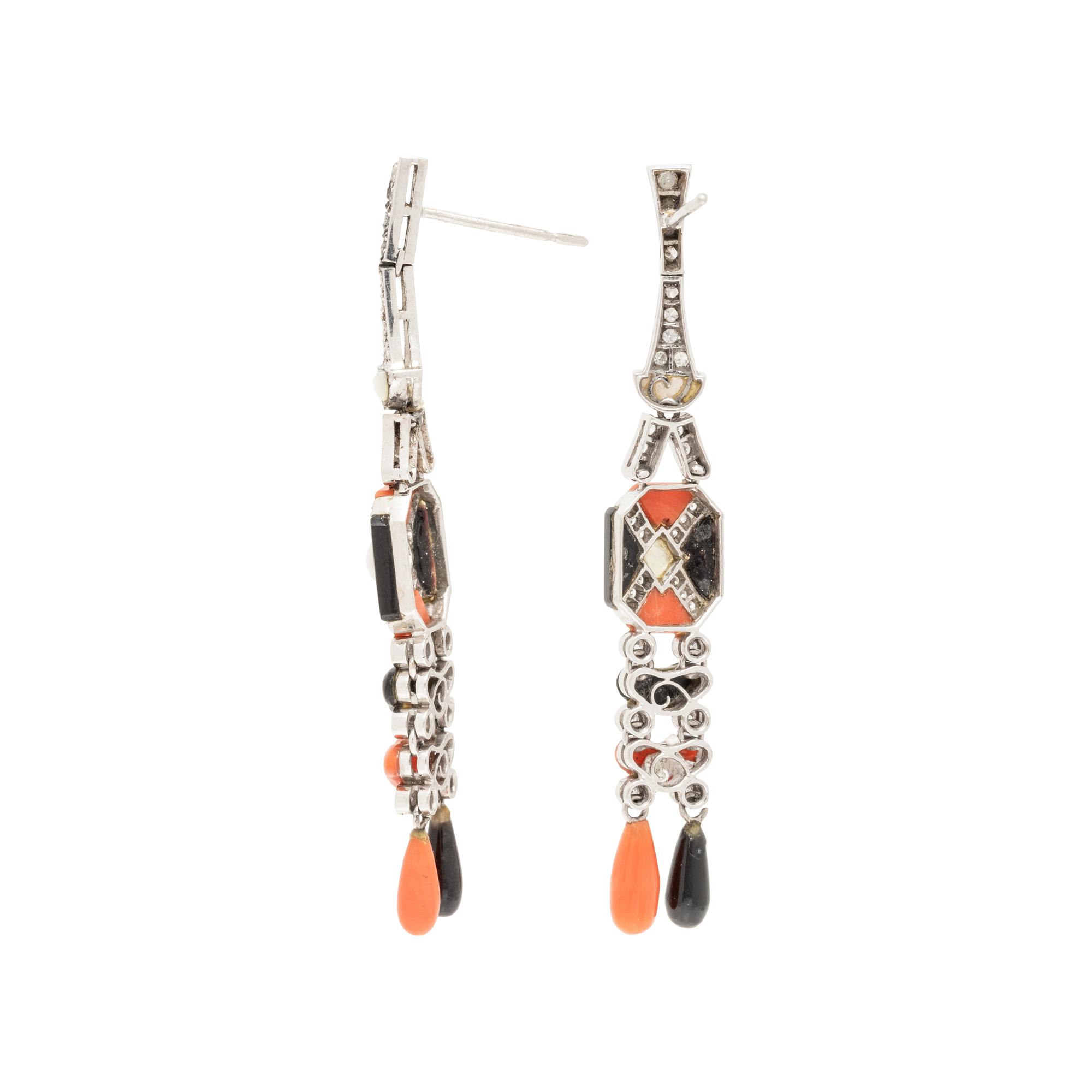 CORAL, ONYX, MOTHER-OF-PEARL, AND DIAMOND EARRINGS