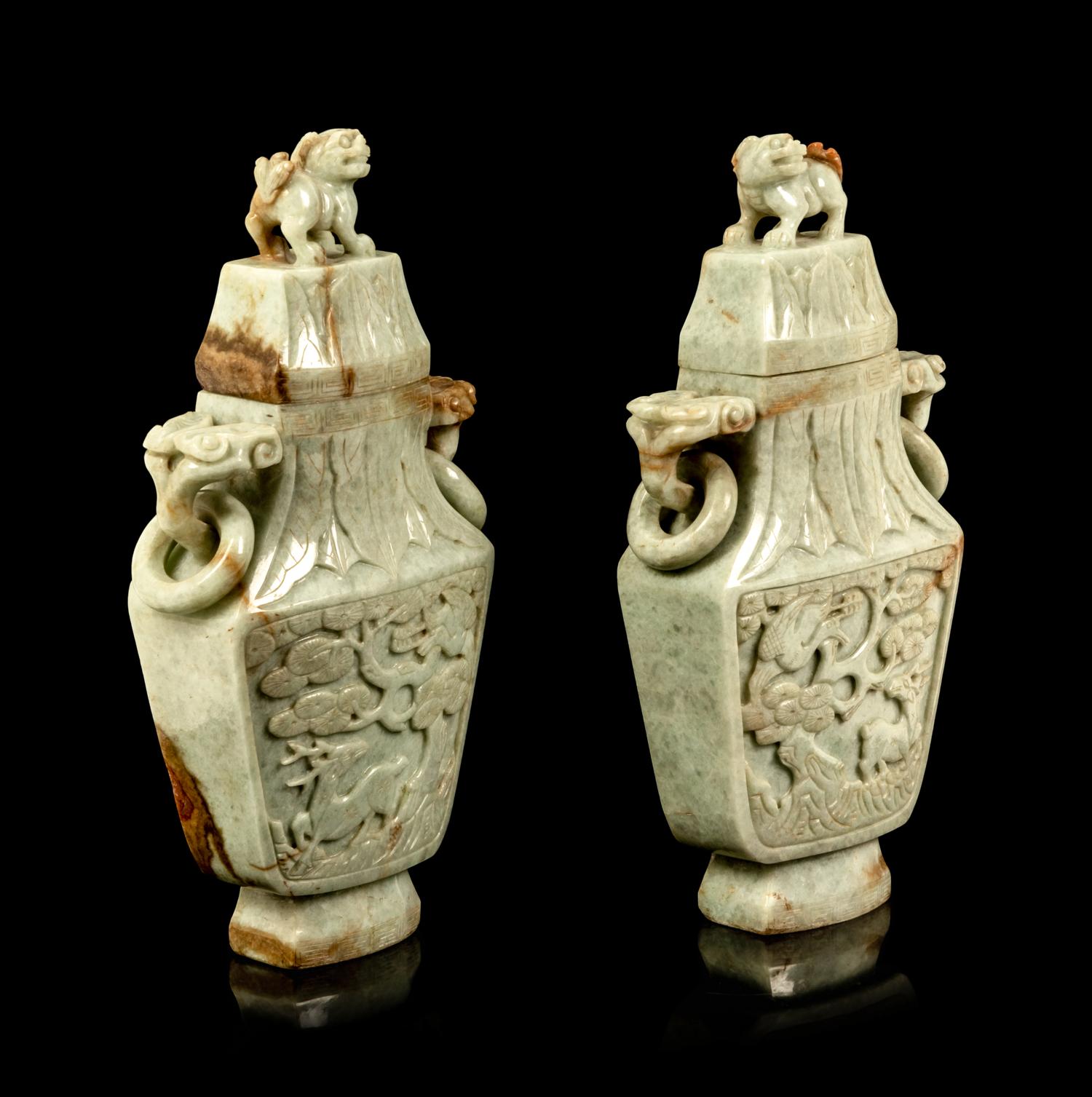 A Pair of Chinese Carved Celadon Jadeite Covered Vases
