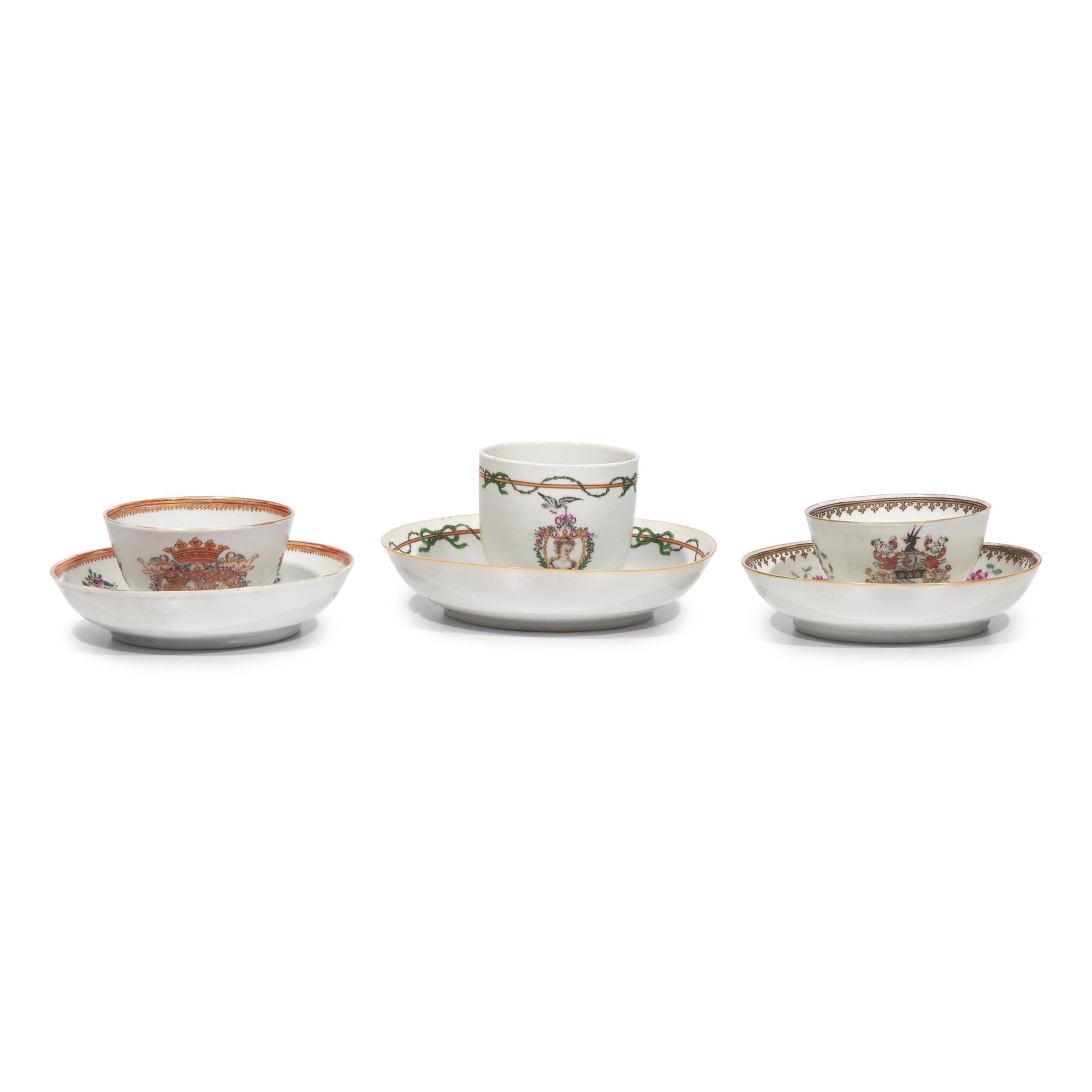 Twelve Chinese Export Armorial Porcelain and Famille Rose Tea and Coffee Cups and Saucers