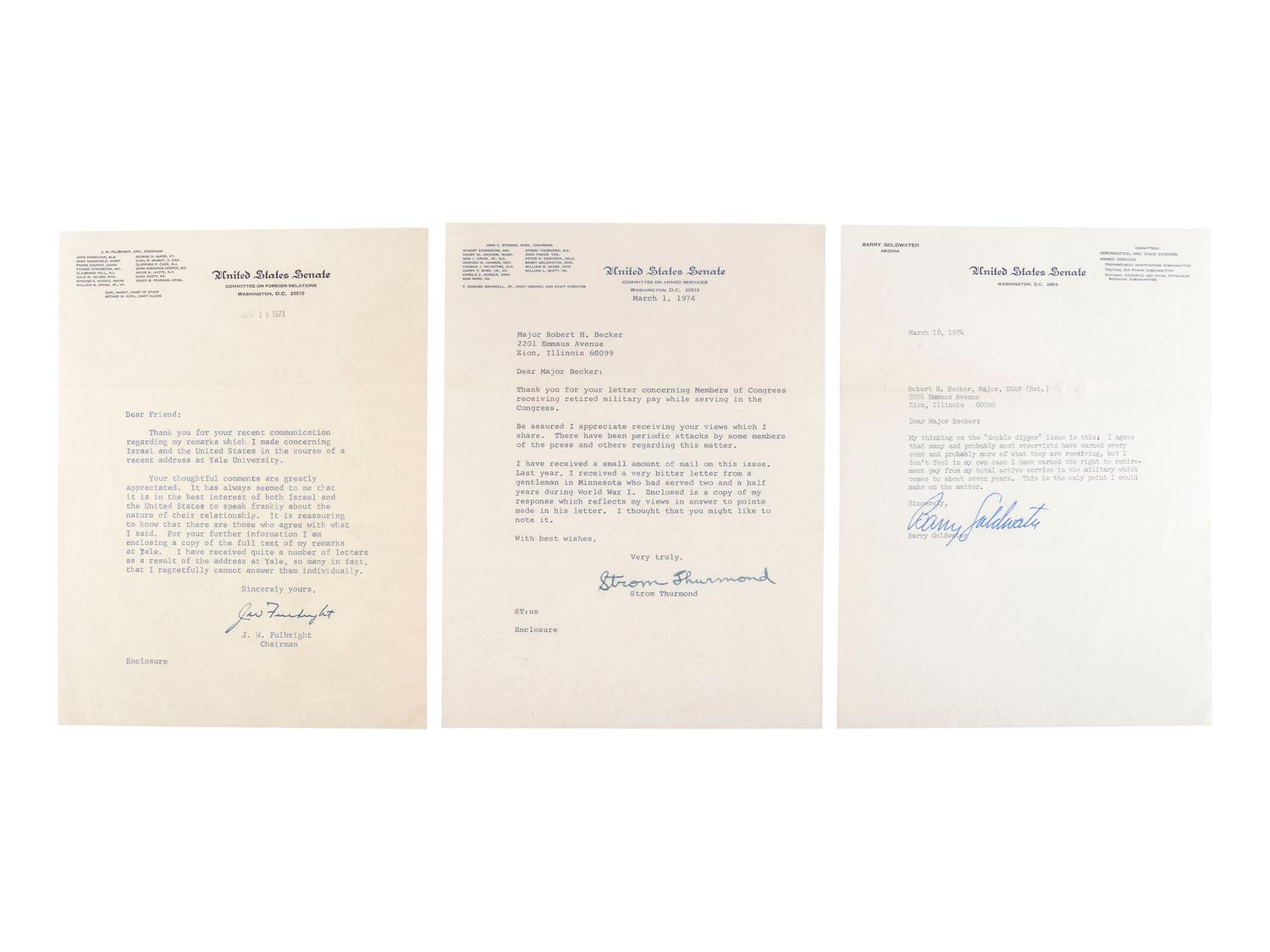[POLITICS]. Political correspondence archive relating to important 1960s and 1970s issues and addressed to Major Robert H. Becker (1924-2014), USAF Retired.