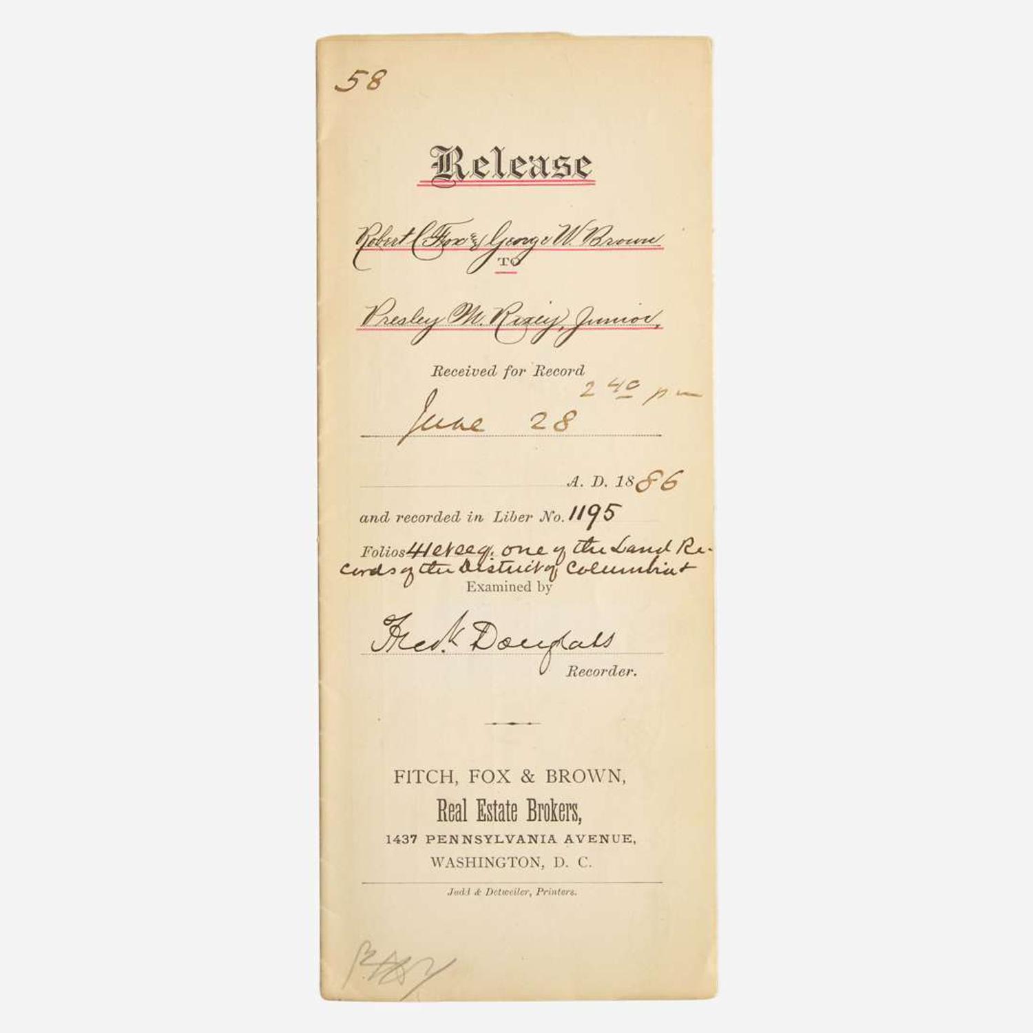 [African Americana] Douglass, Frederick Partially-Printed Document, signed