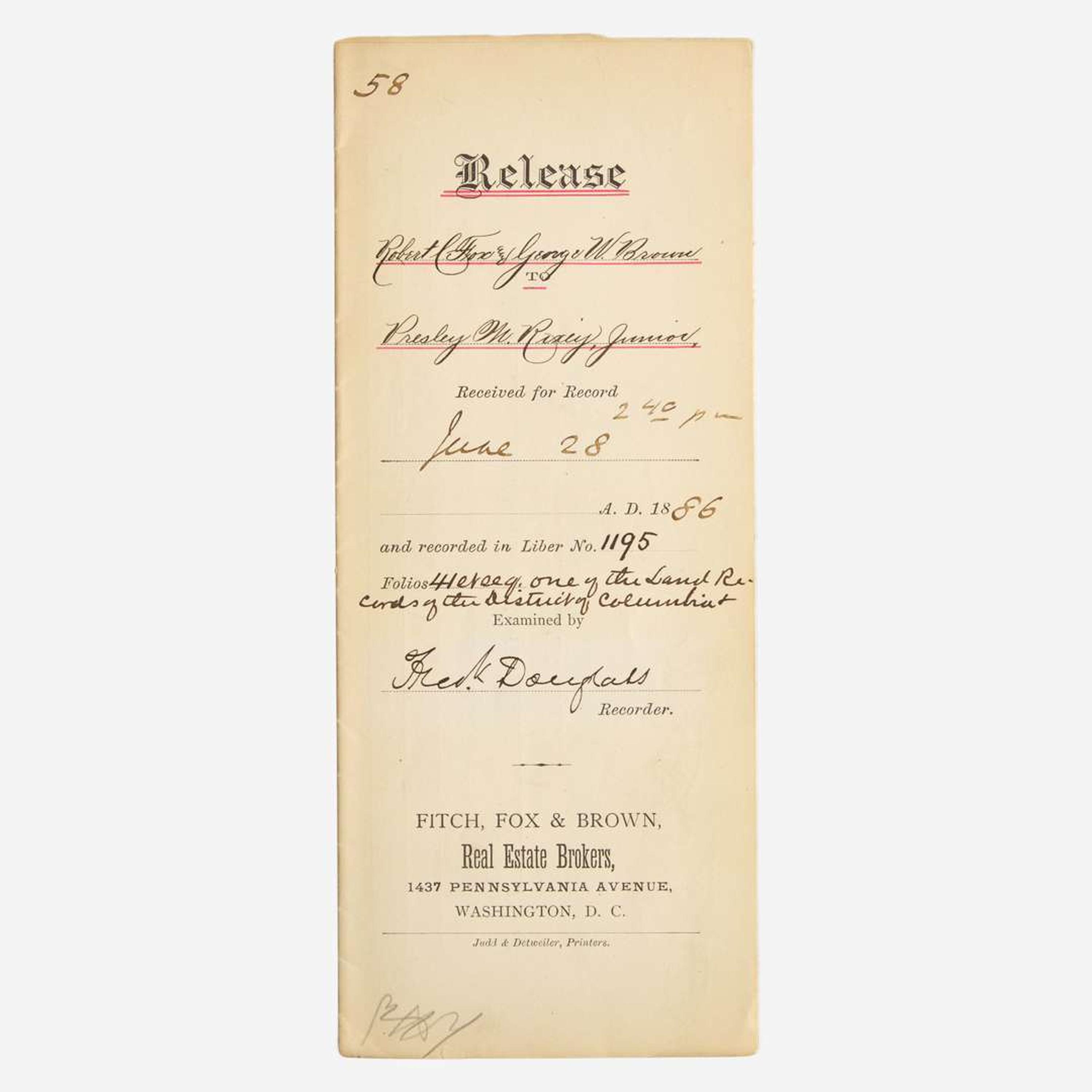 [African Americana] Douglass, Frederick Partially-Printed Document, signed