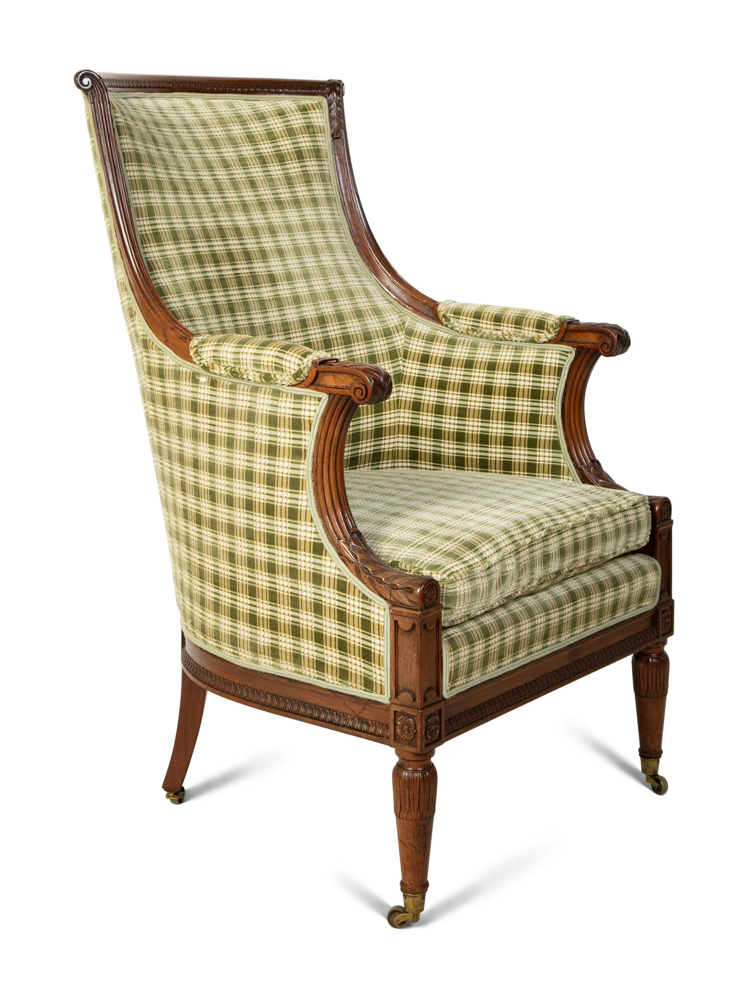 A Regency Style Carved Mahogany High Back Upholstered Armchair — 19TH CENTURY