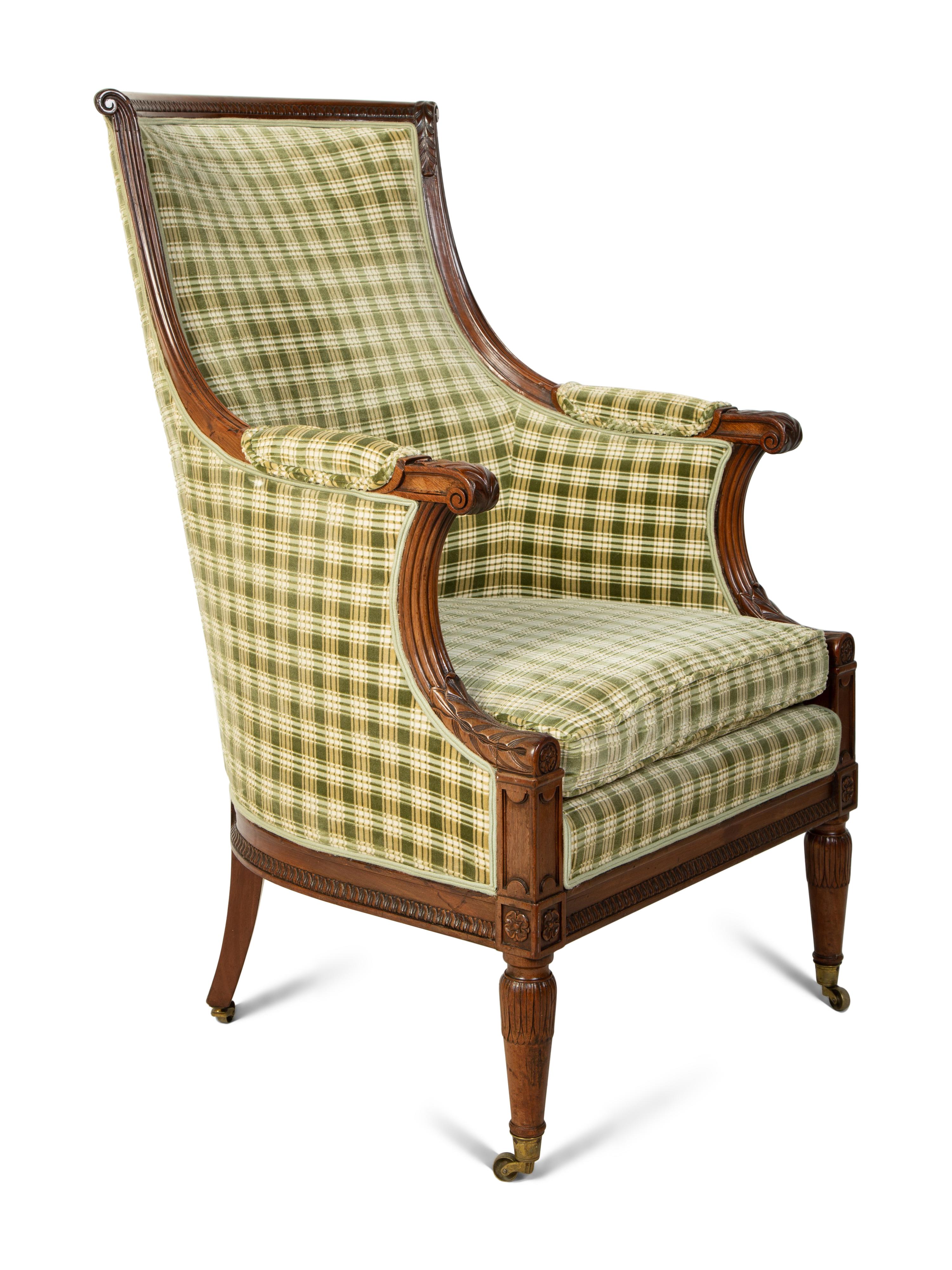 A Regency Style Carved Mahogany High Back Upholstered Armchair — 19TH CENTURY