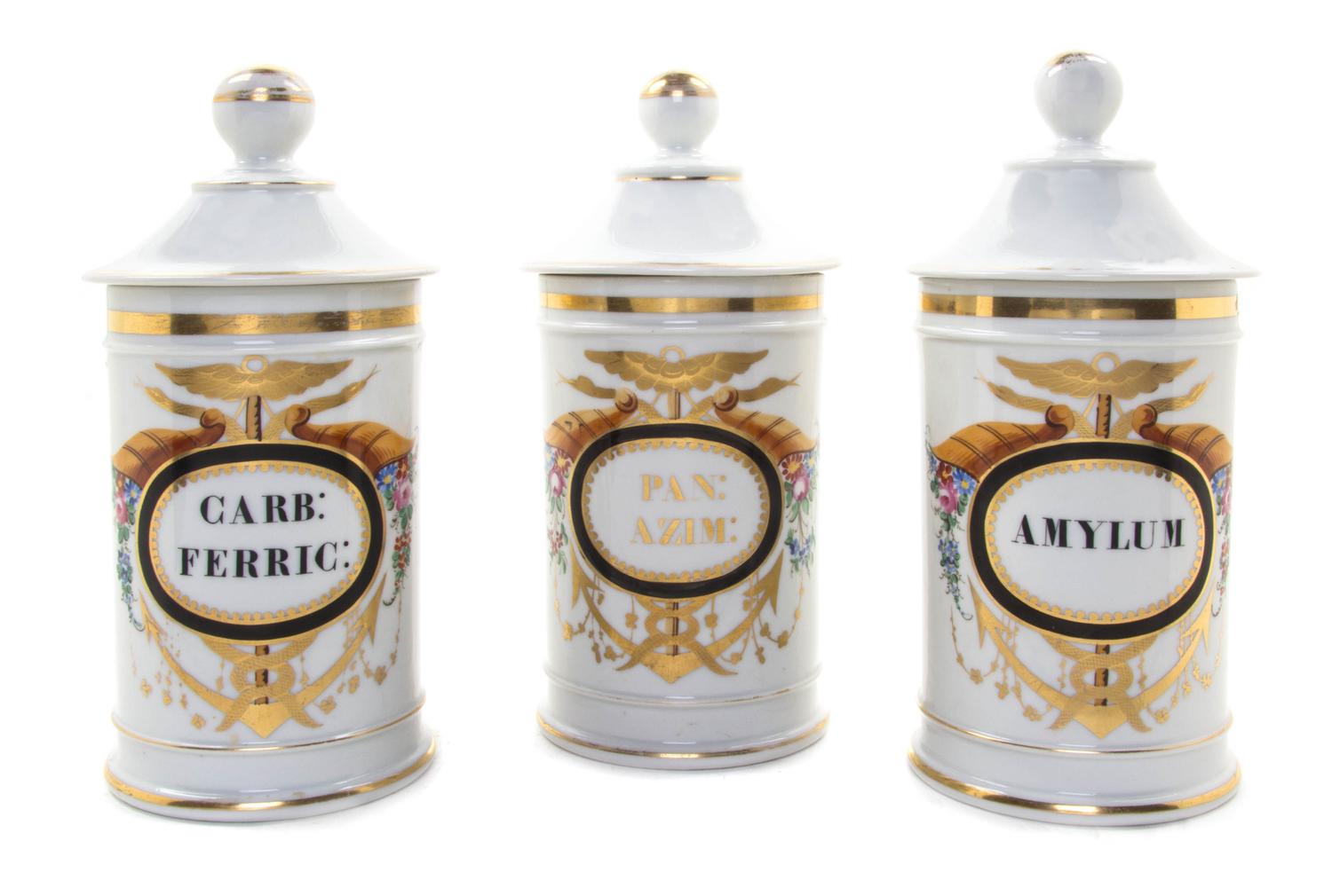 Three Continental Porcelain Apothecary Jars, Height of tallest 10 3/4 inches.