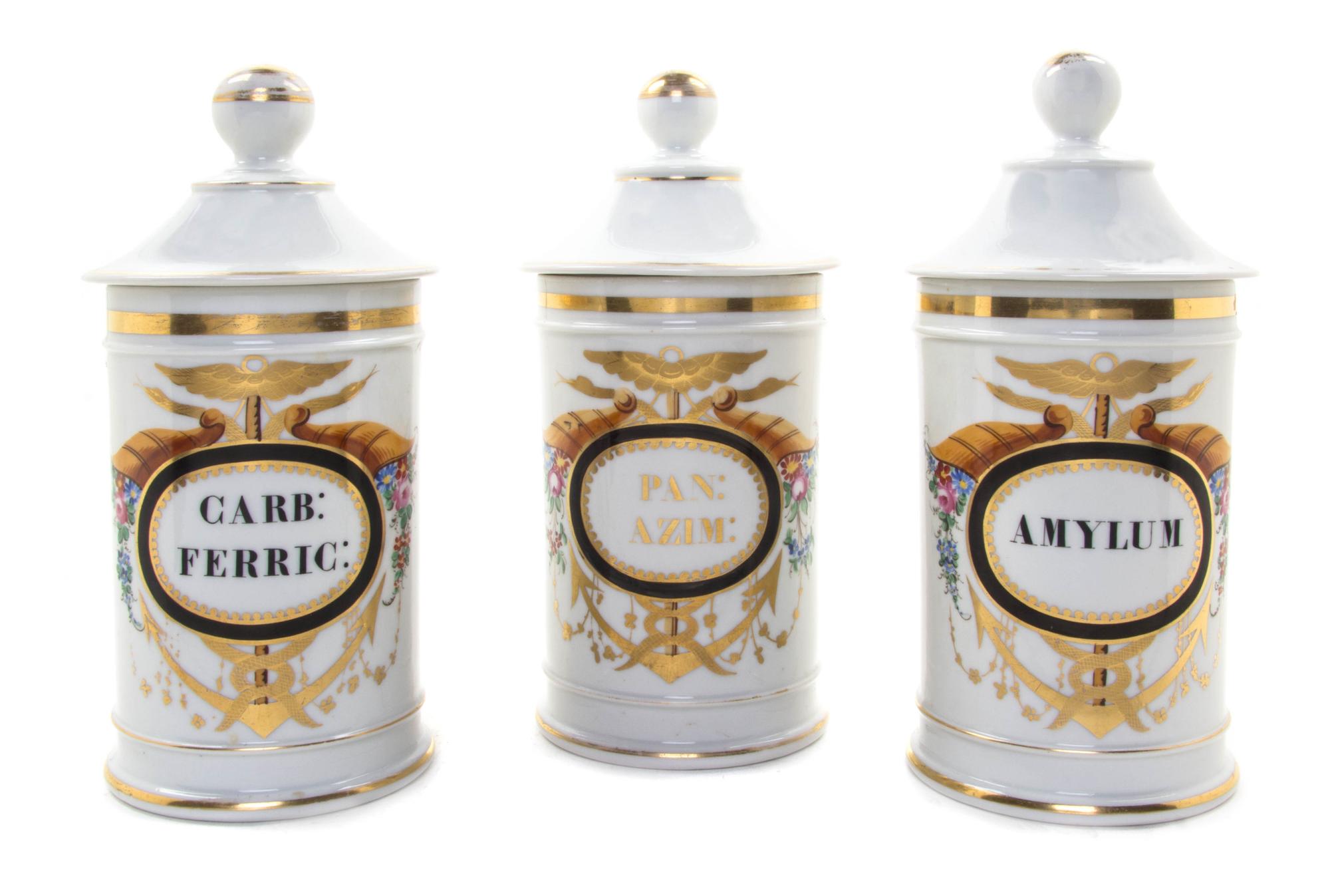Three Continental Porcelain Apothecary Jars, Height of tallest 10 3/4 inches.