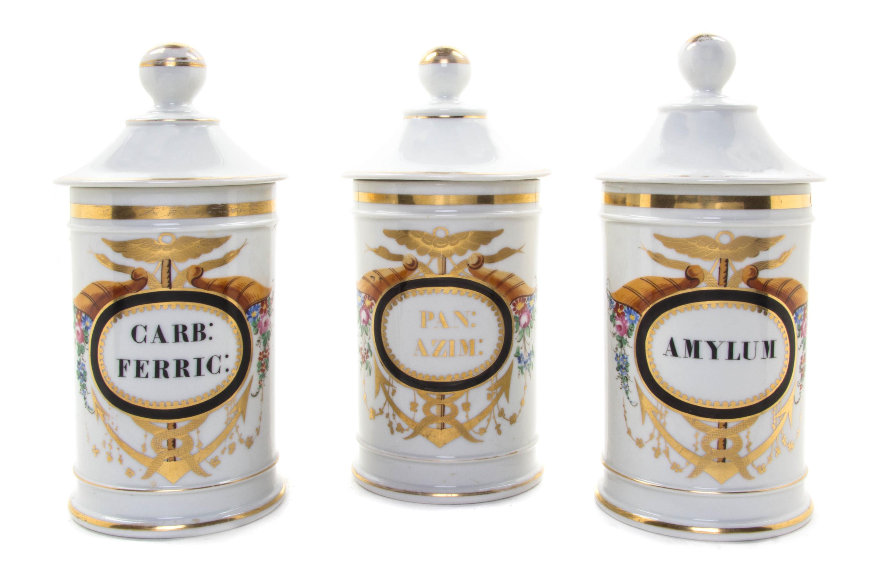 Three Continental Porcelain Apothecary Jars, Height of tallest 10 3/4 inches.