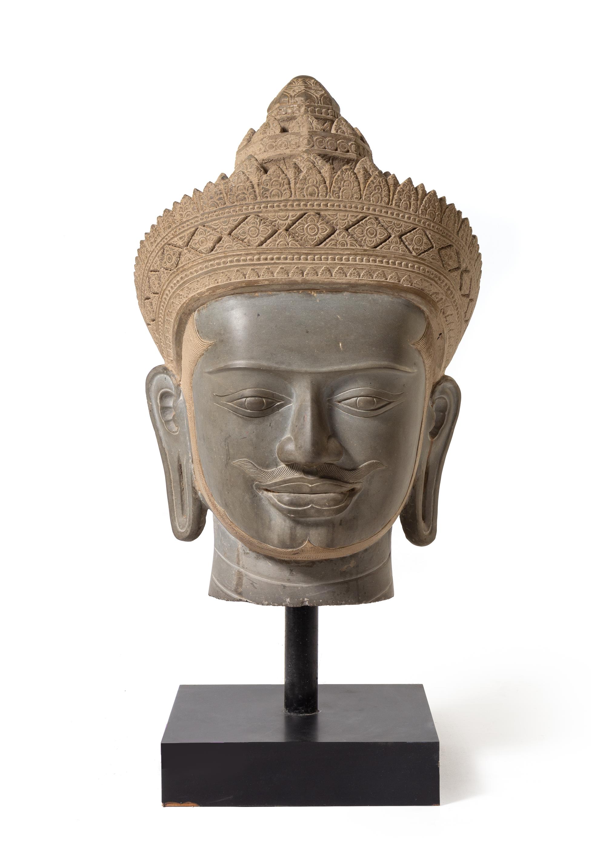 A Large Cambodian Carved Stone Head of Buddha Height 30 inches. — 20TH CENTURY
