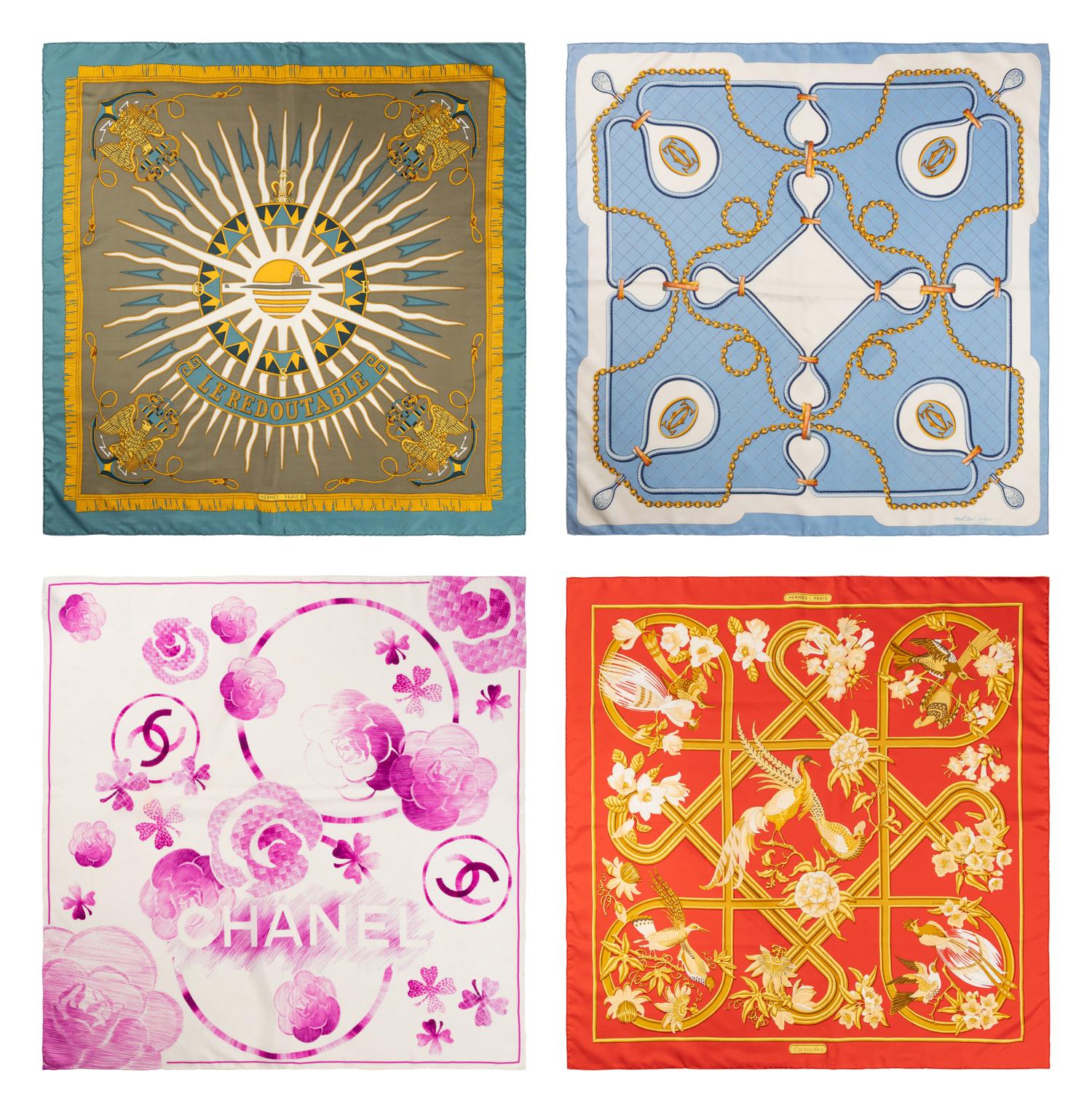 Group of Four Designer Silk Scarves: Two Hermès, One Chanel, One Cartier