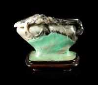 A Black and Grey Jade 'Bat and Peaches' Carving