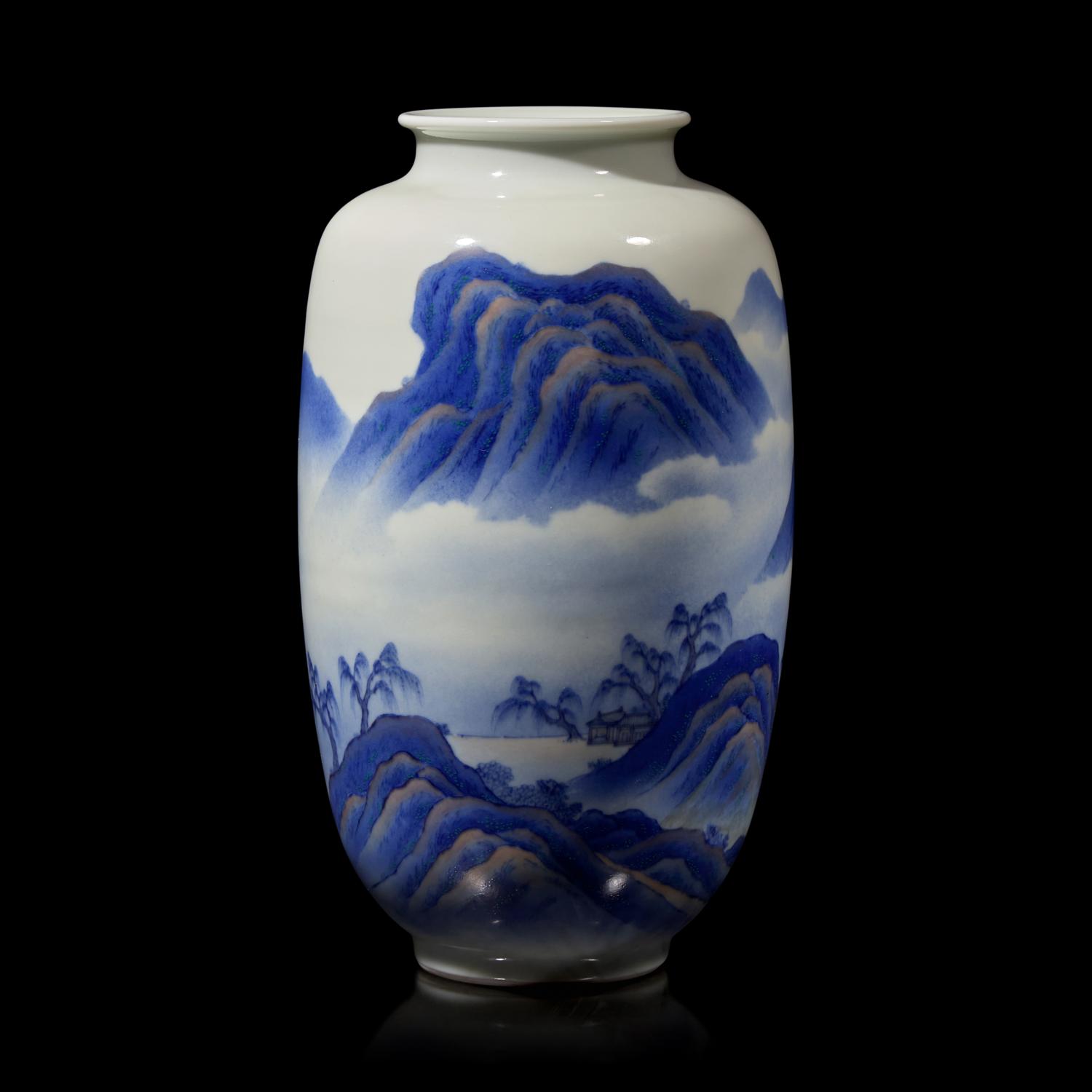A Japanese enameled Blue and White Ovoid 'Landscape' Vase, Signed Makuzu Kozan Saku