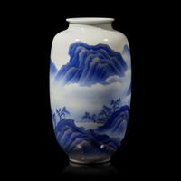 A Japanese enameled Blue and White Ovoid 'Landscape' Vase, Signed Makuzu Kozan Saku