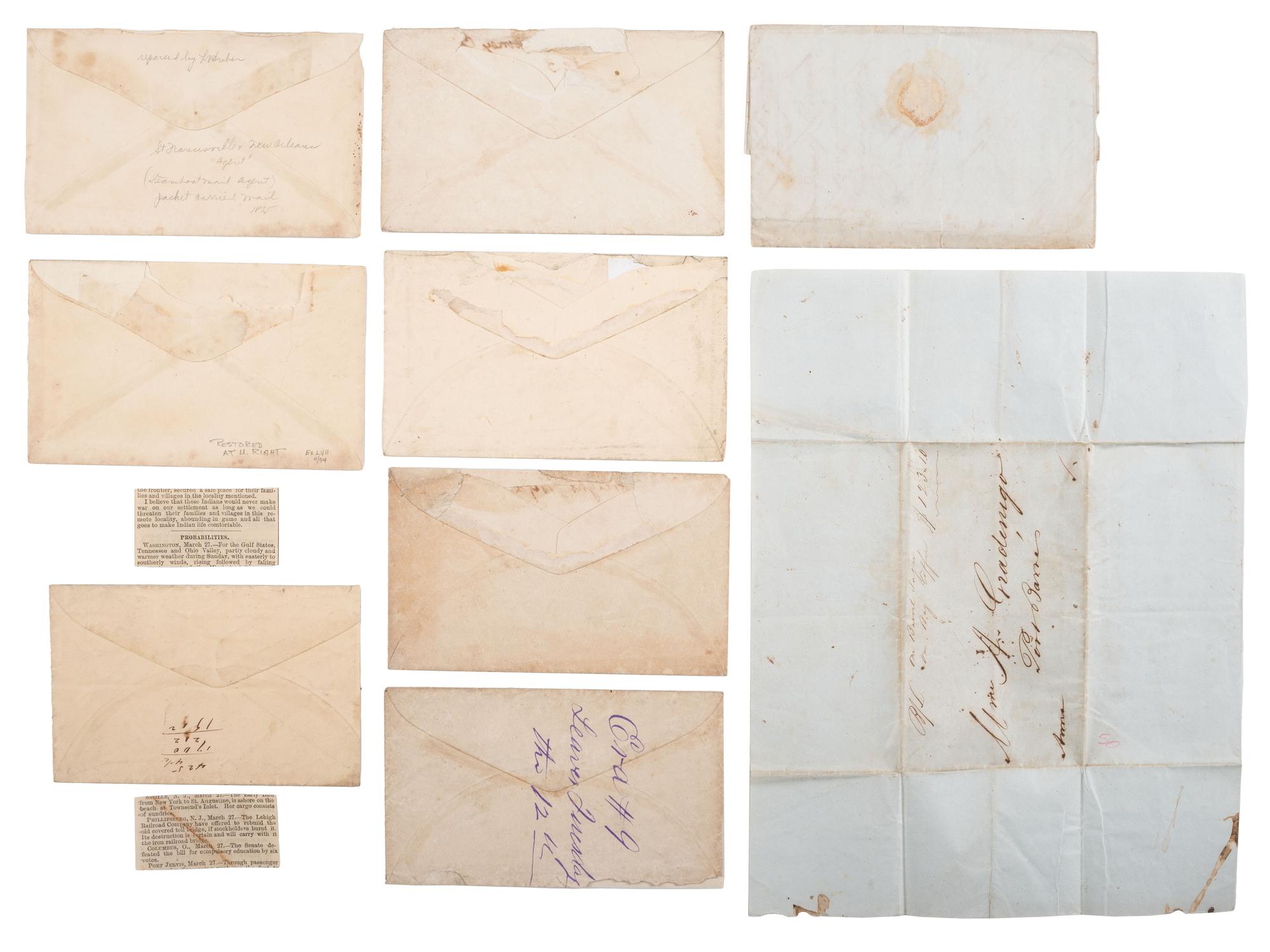 [STEAMBOATS] -- [POSTAL COVERS]. A group of 17 manuscript covers from Mississippi River steamboats, including: