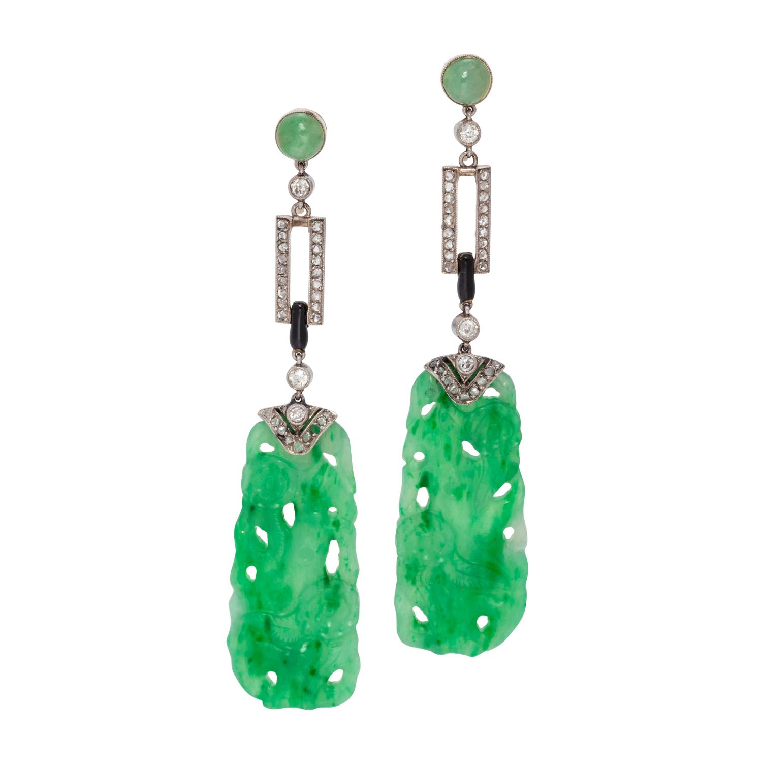 ART DECO, JADE AND DIAMOND EARCLIPS