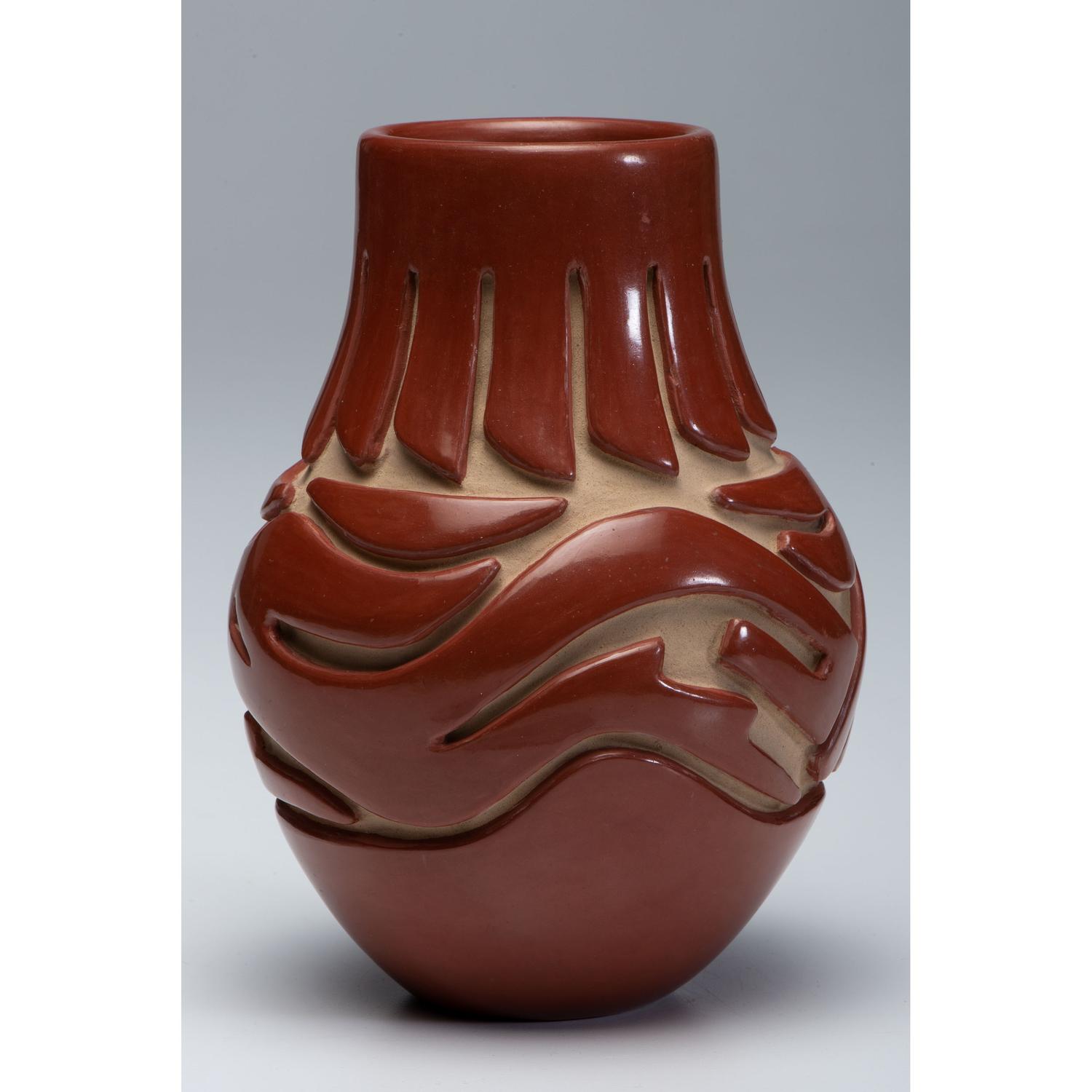 Carved Redware Jar, with Avanyu