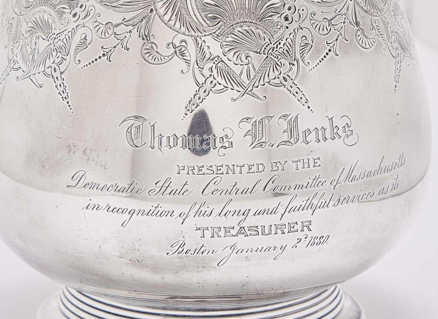 An Aesthetic Movement sterling silver presentation pitcher, Gorham Mfg. Co., Providence, RI, 1875