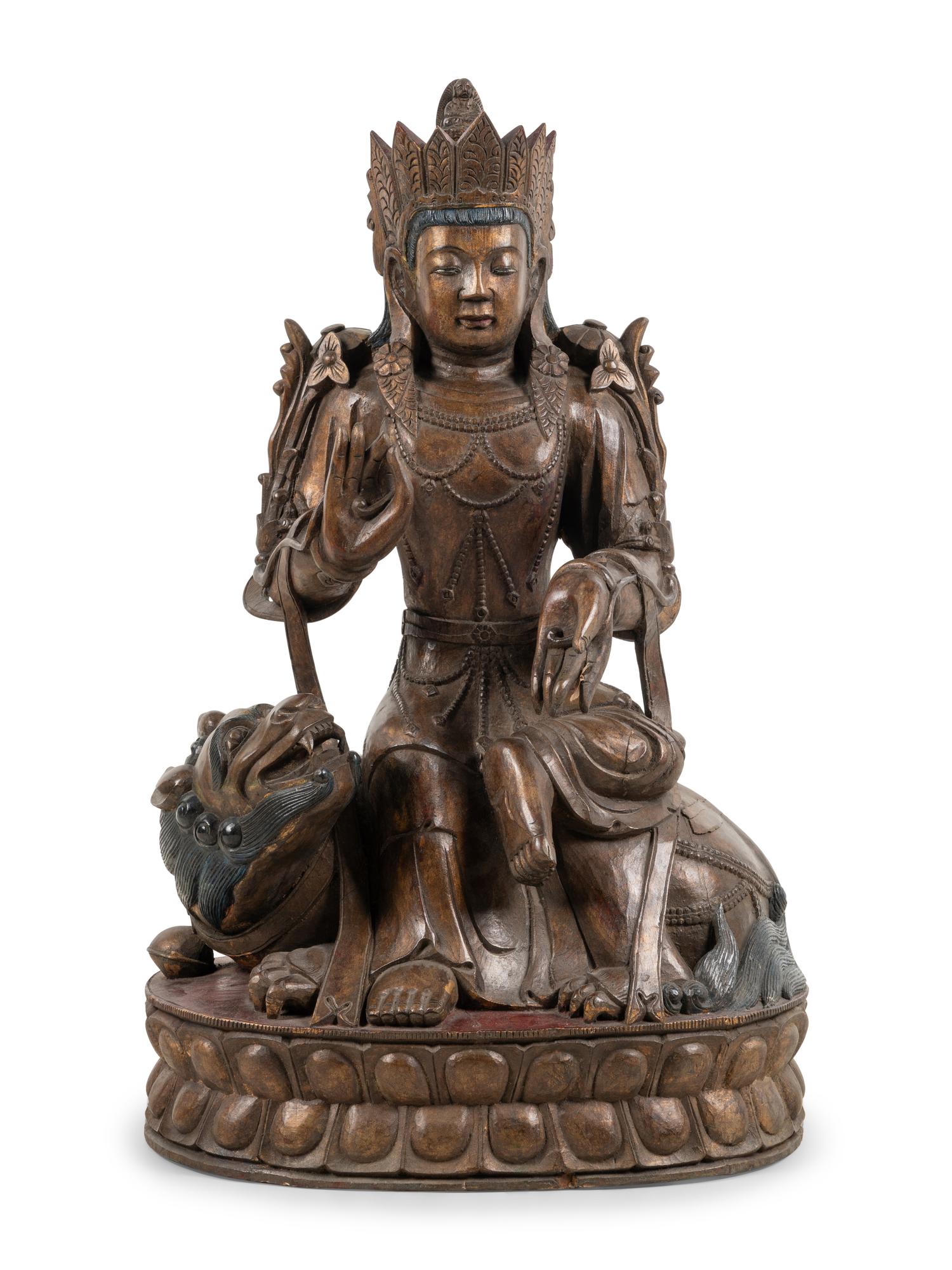 A Large Chinese Export Carved Wood Figure of a Bodhisattva