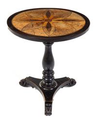 A Specimen Wood Pedestal Table Height 27 x diameter 24 1/2 inches.