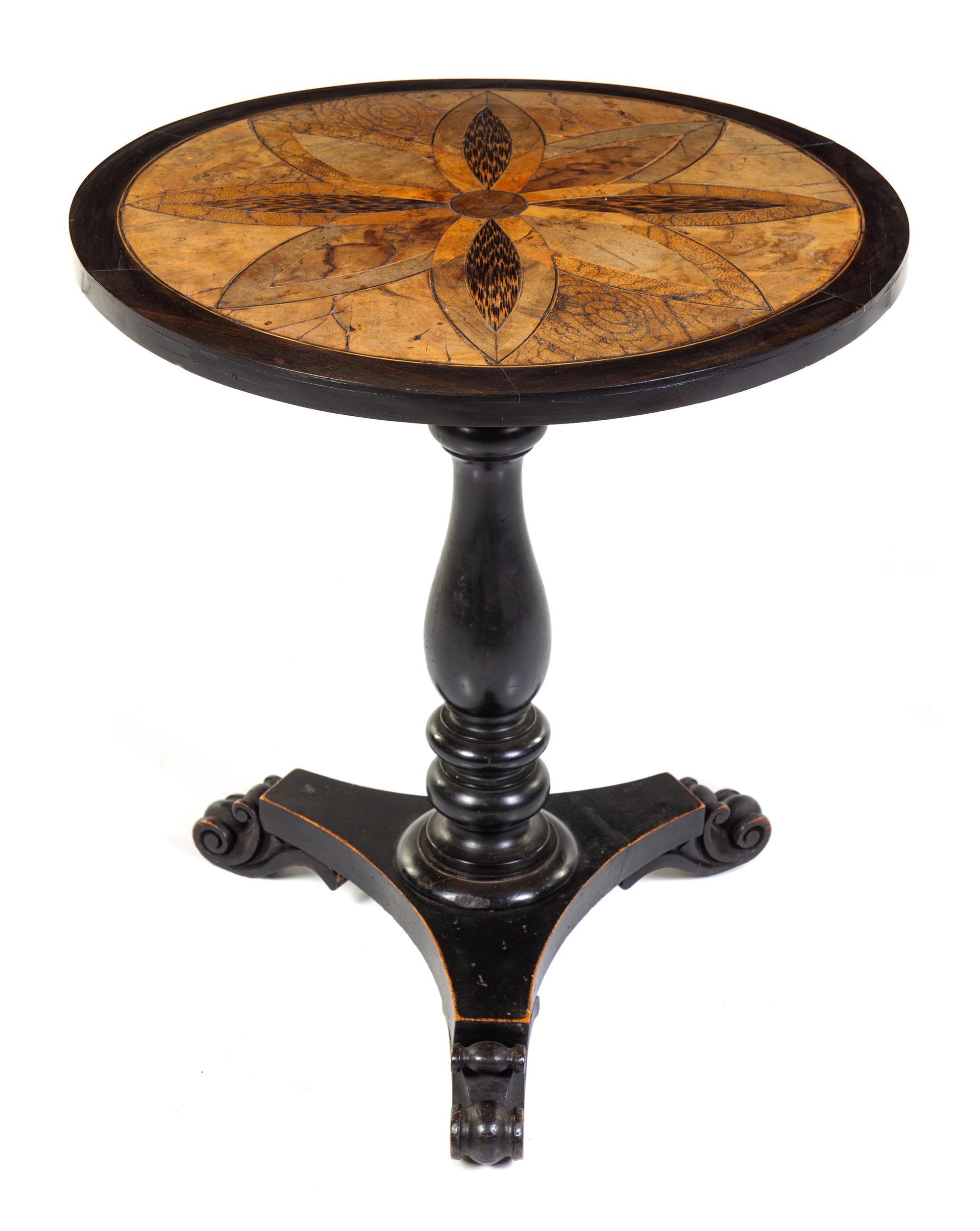 A Specimen Wood Pedestal Table Height 27 x diameter 24 1/2 inches.