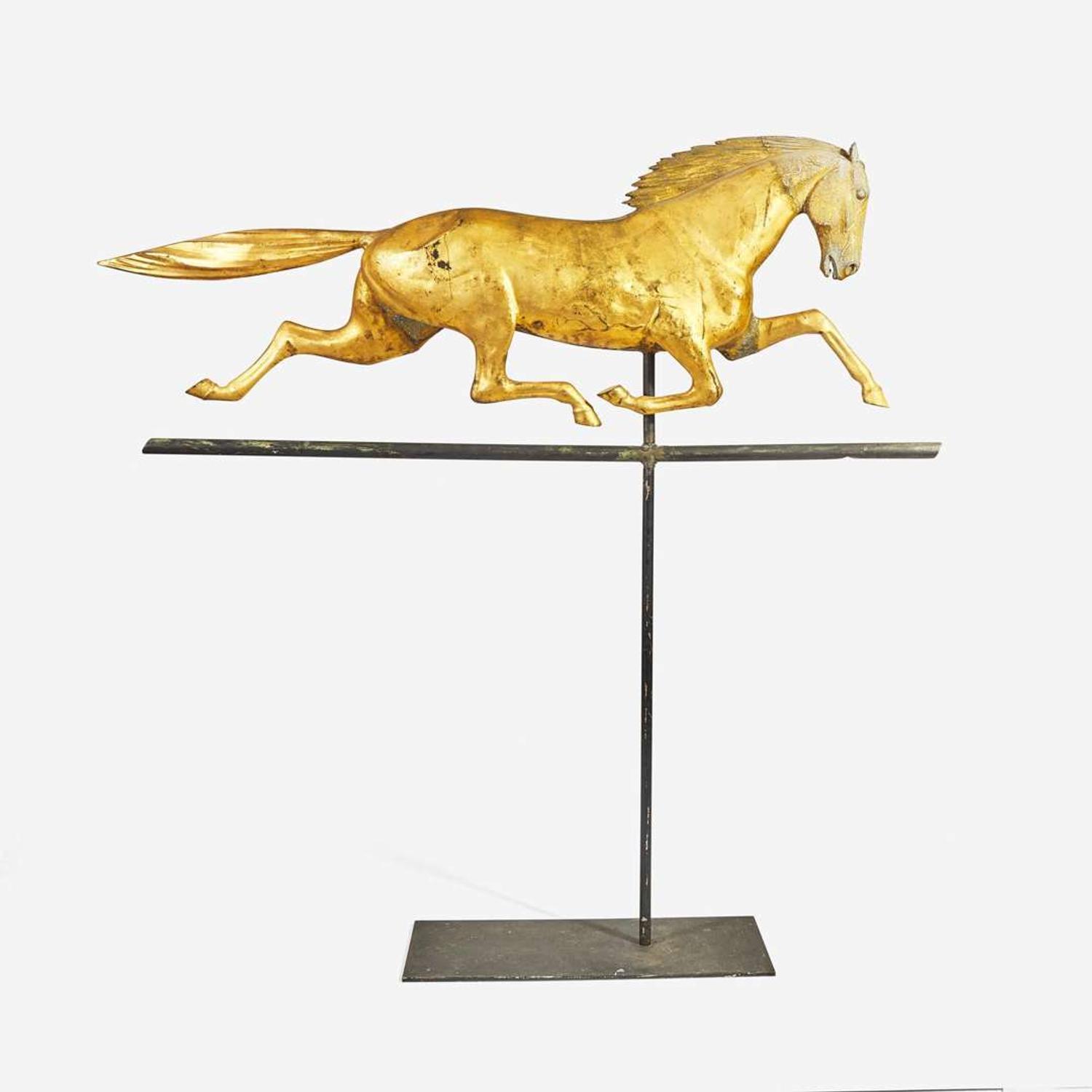 A patinated gilded copper weathervane of a running horse