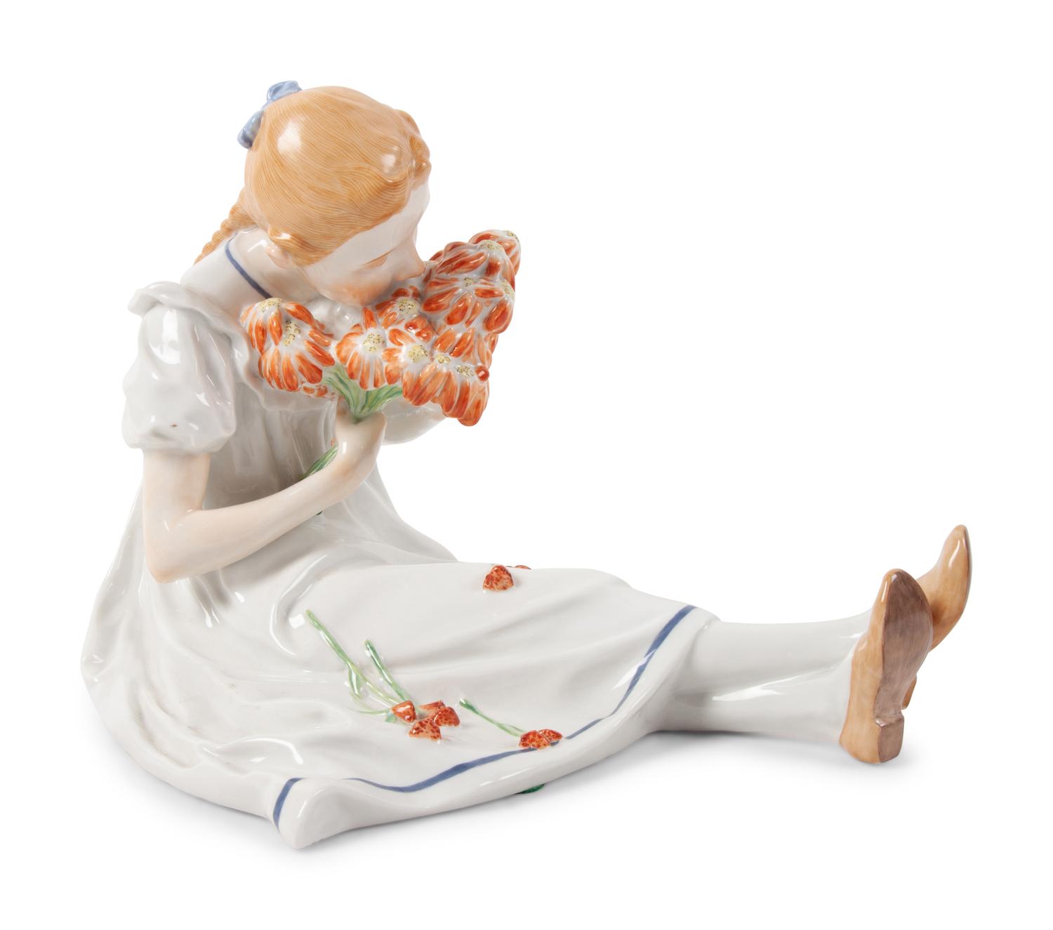 A Meissen Porcelain Figure of a Seated Girl with Flowers by Konrad Hentschel