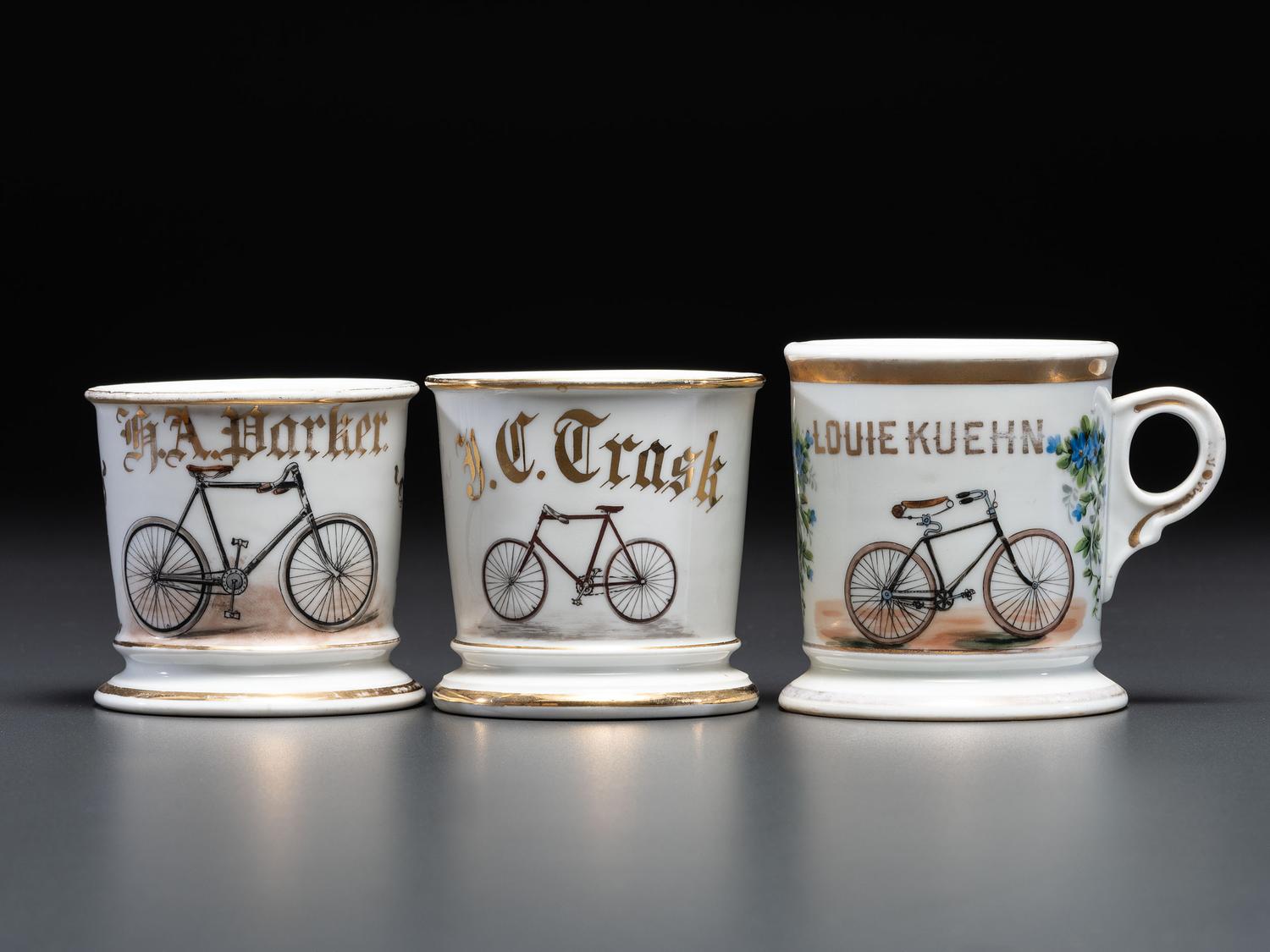 Three Cyclist's Porcelain Shaving Mugs
