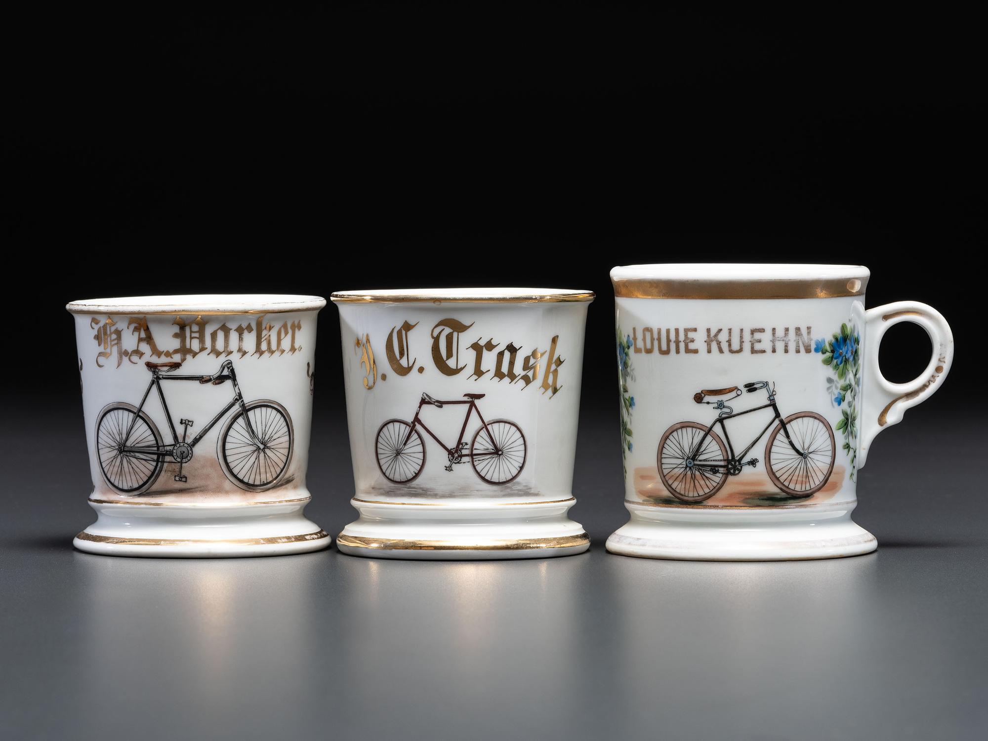 Three Cyclist's Porcelain Shaving Mugs
