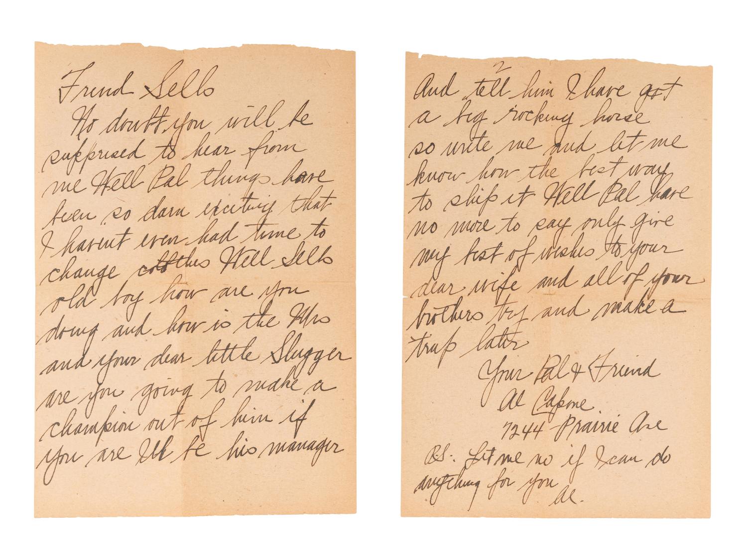 CAPONE, Alphonse ("Al") (1899-1947). Autograph letter signed twice ("Al Capone", "Al"), to Bill Sells ("Friend Sells") Chicago, IL, 14 January 1925.
